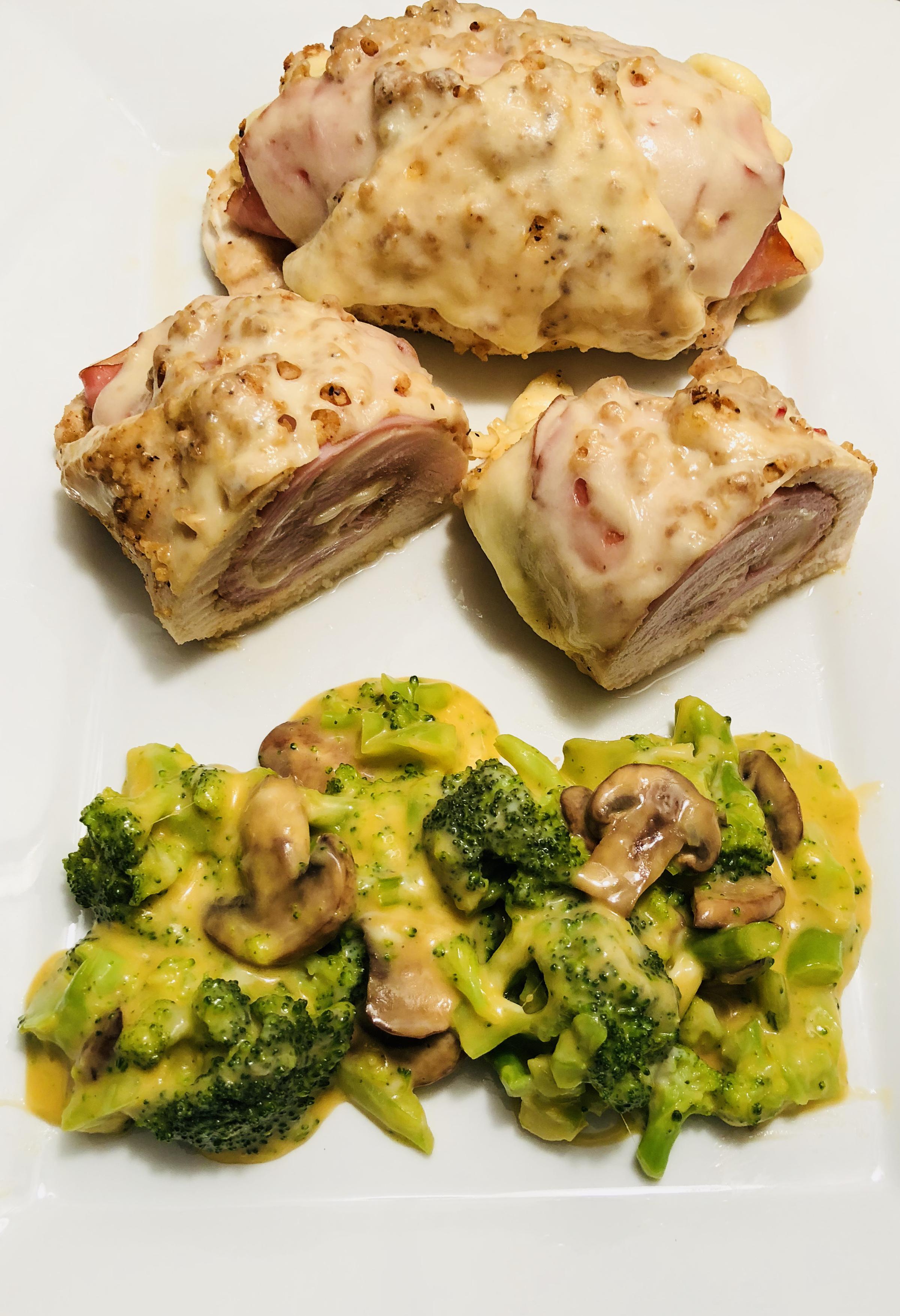 Breadless Chicken Cordon Bleu with Cheesy Broccoli and Mushrooms r
