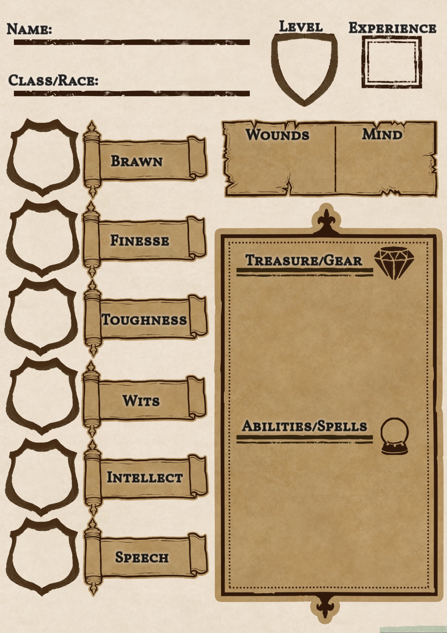 A bit of a character sheet I made for a homebrew ruleset involving