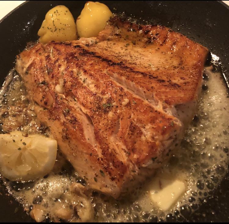 [Homemade] Salmon seared on a cast iron pan with a browned butter honey