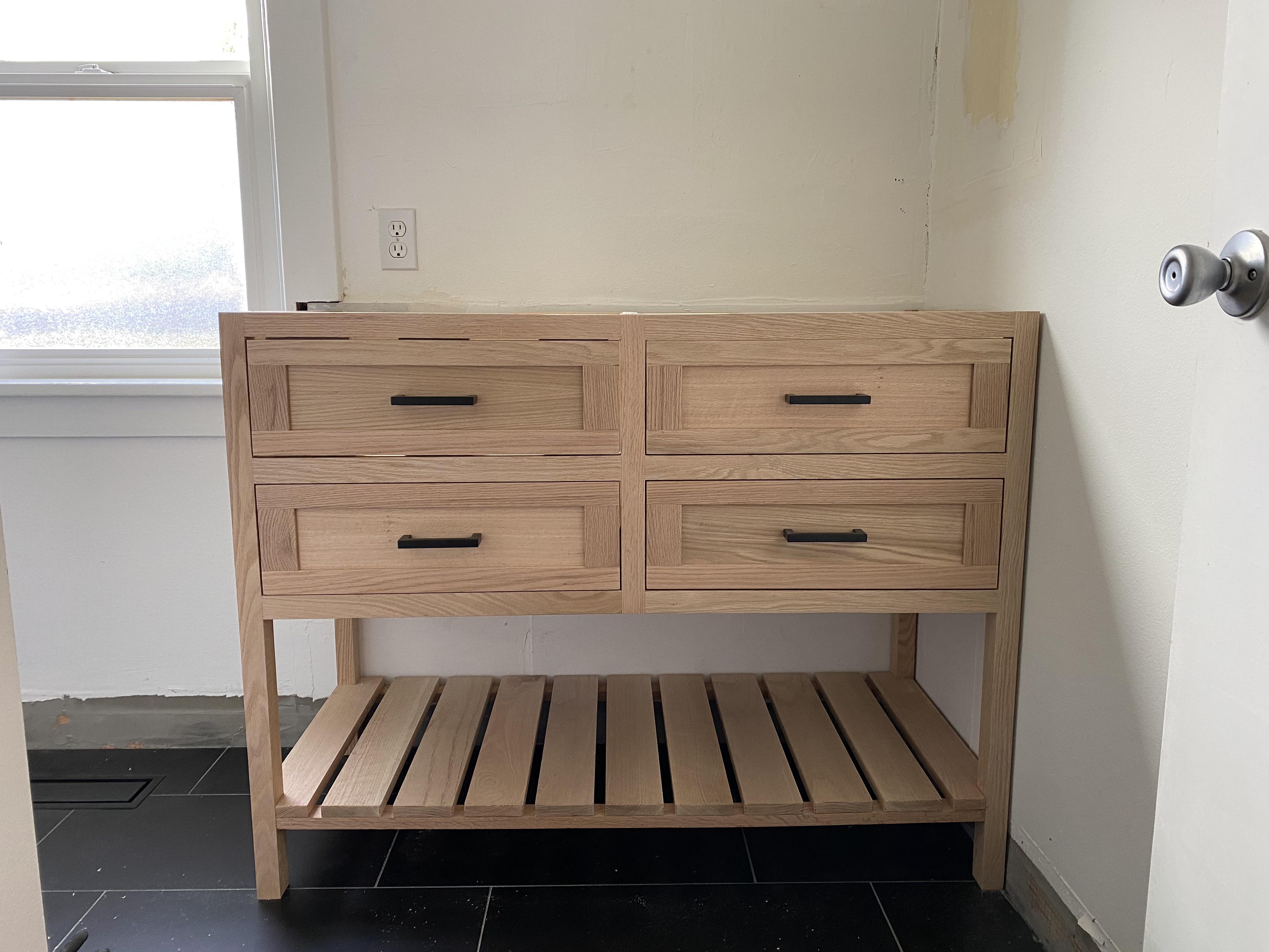 Just finished a new red oak vanity for our bathroom r/woodworking