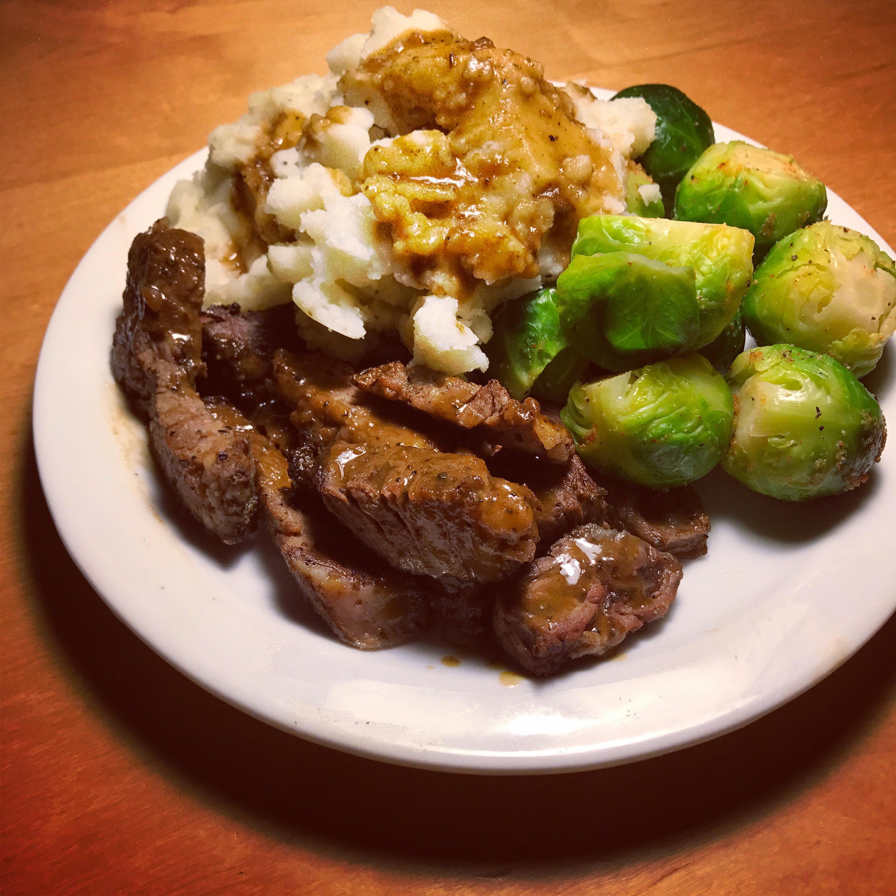 Roast beef with mashed potatoes and steamed brussel sprouts. r/FoodPorn