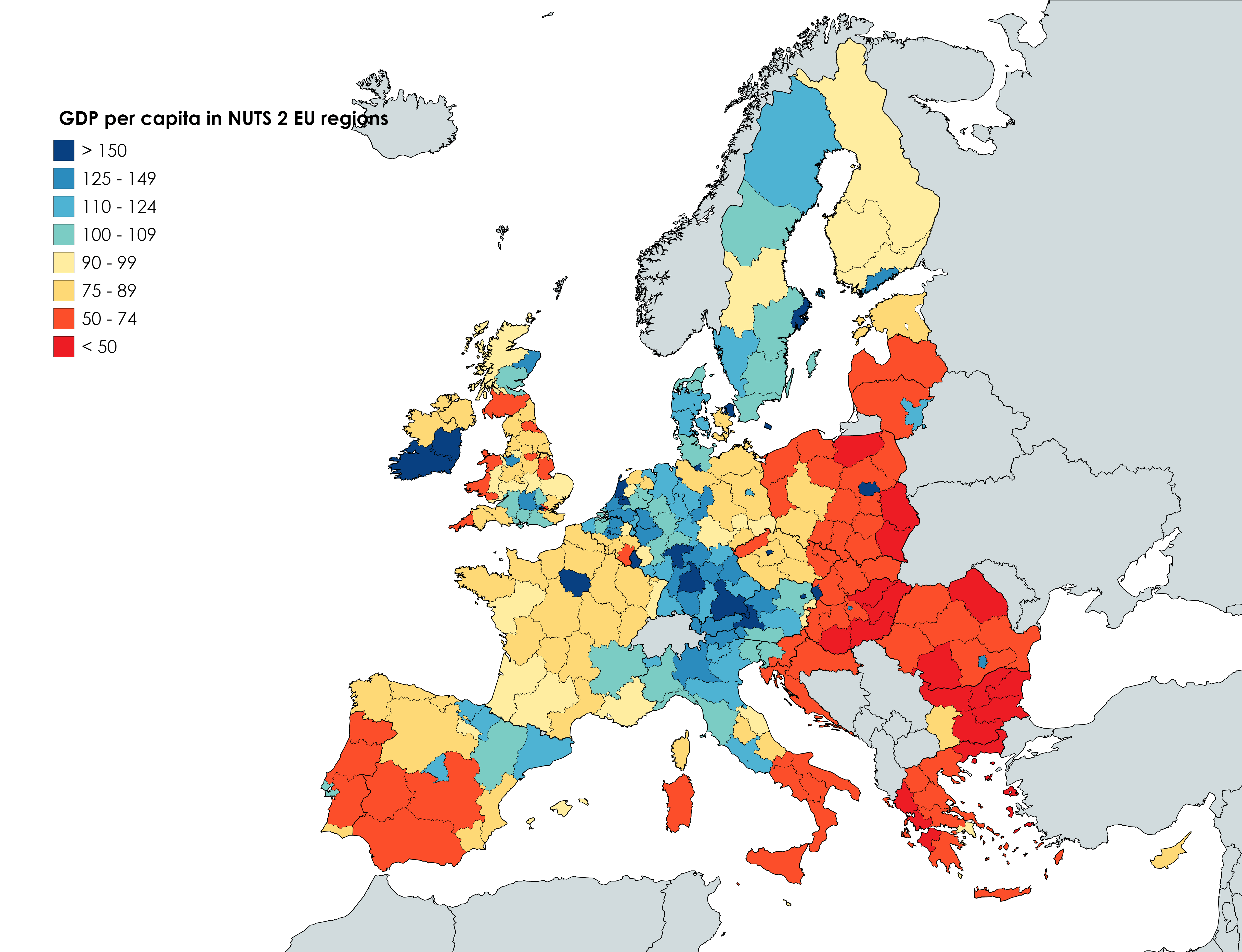 Regions of Europe (NUTS2) by GDP per Capita as a percentage of the union's average 2017 Data