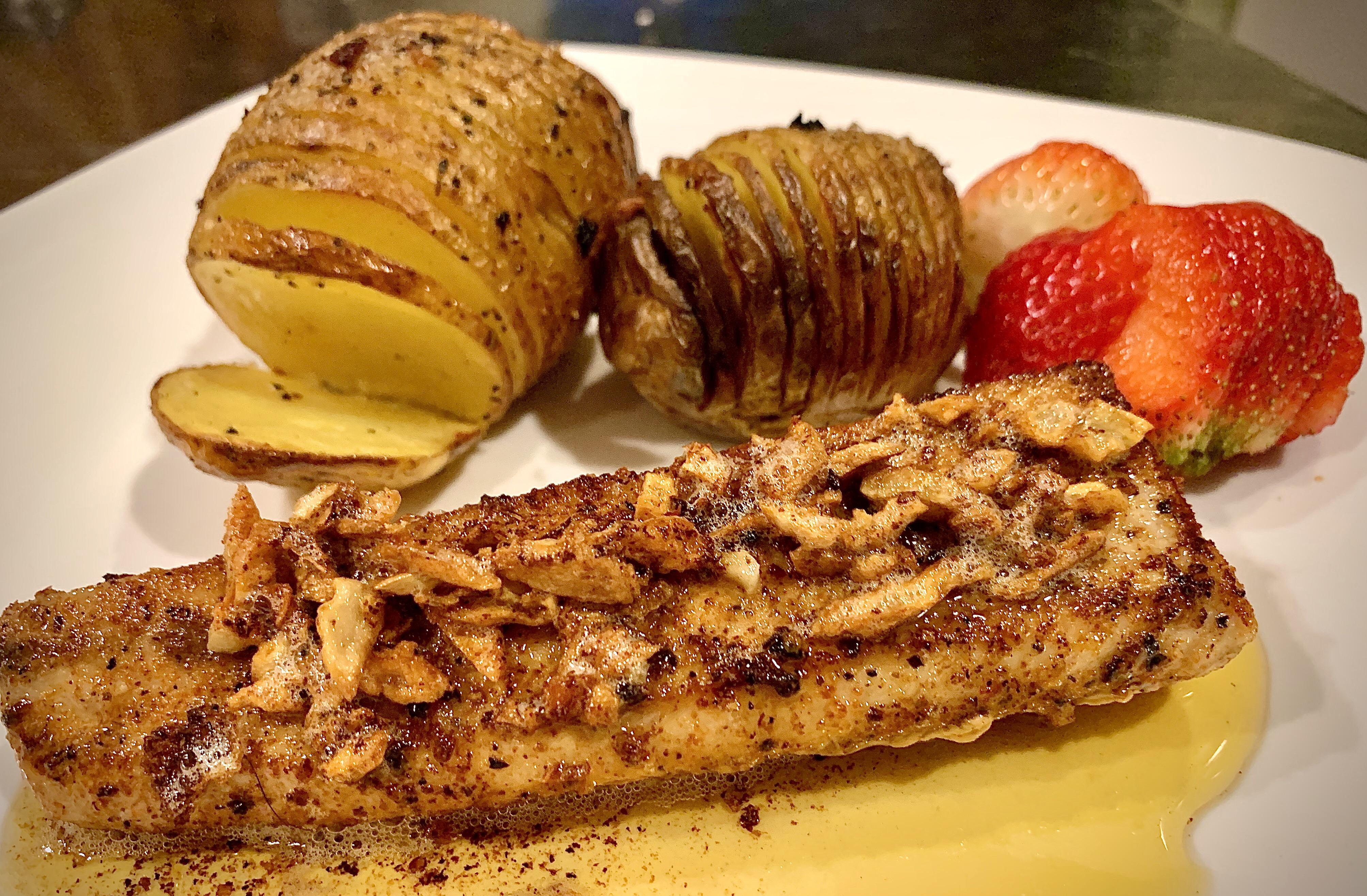 [homemade] Brown Garlic Butter Pan Fried Mahi Mahi with Hasselback