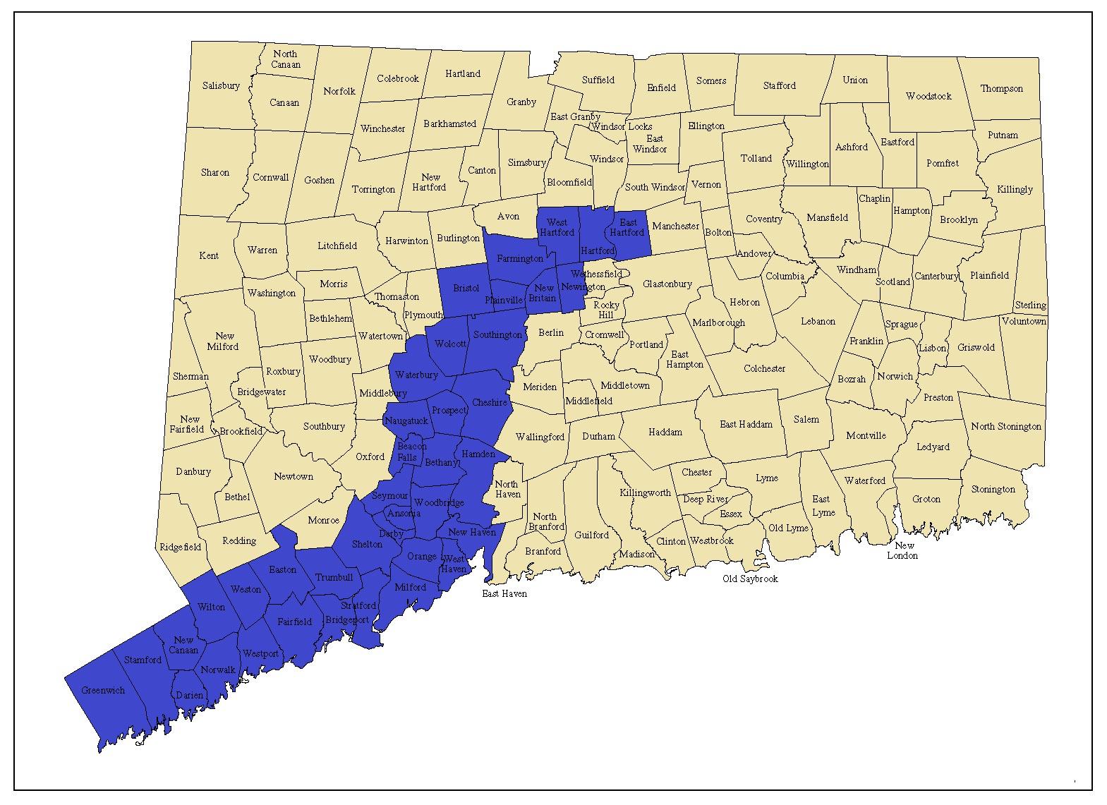 The two colored areas each contain half the population of Connecticut