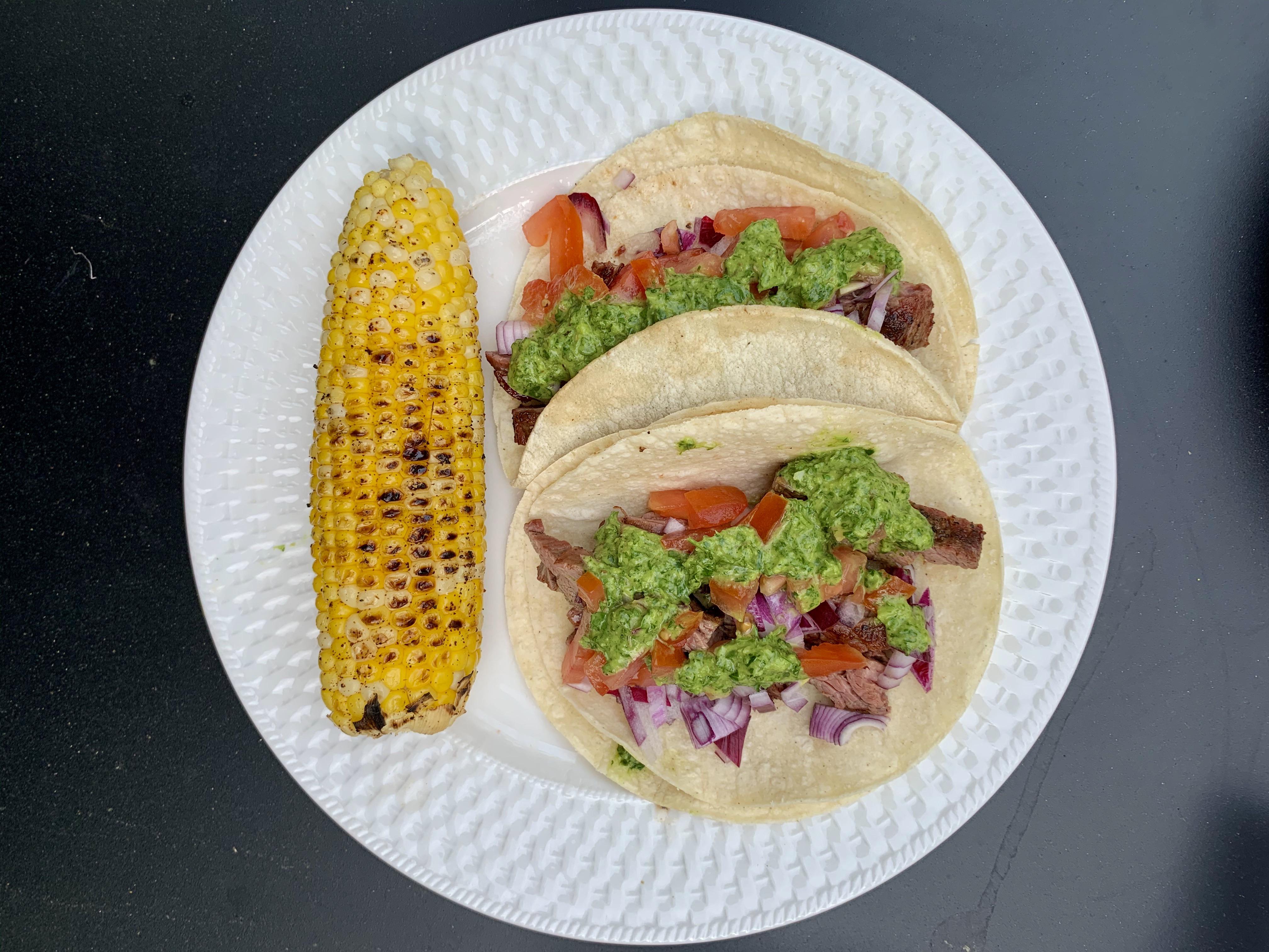 Grilled skirt steak tacos with cilantro chimichurri and corn r/grilling