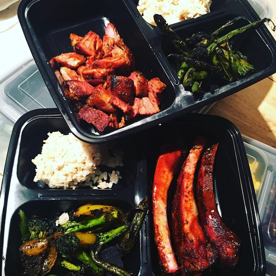 First Meal Prep Sunday smoked Ribs, Rib tips, grilled veggies and