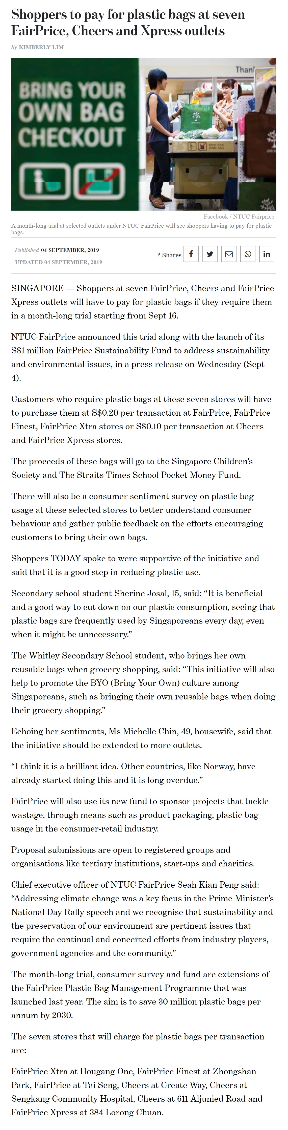 Shoppers to Pay for Plastic Bags at Seven Fairprice, Cheers and Xpress