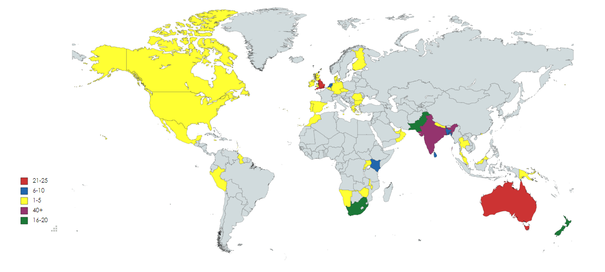 Map of Countries by amount of International Cricket Grounds r/Cricket