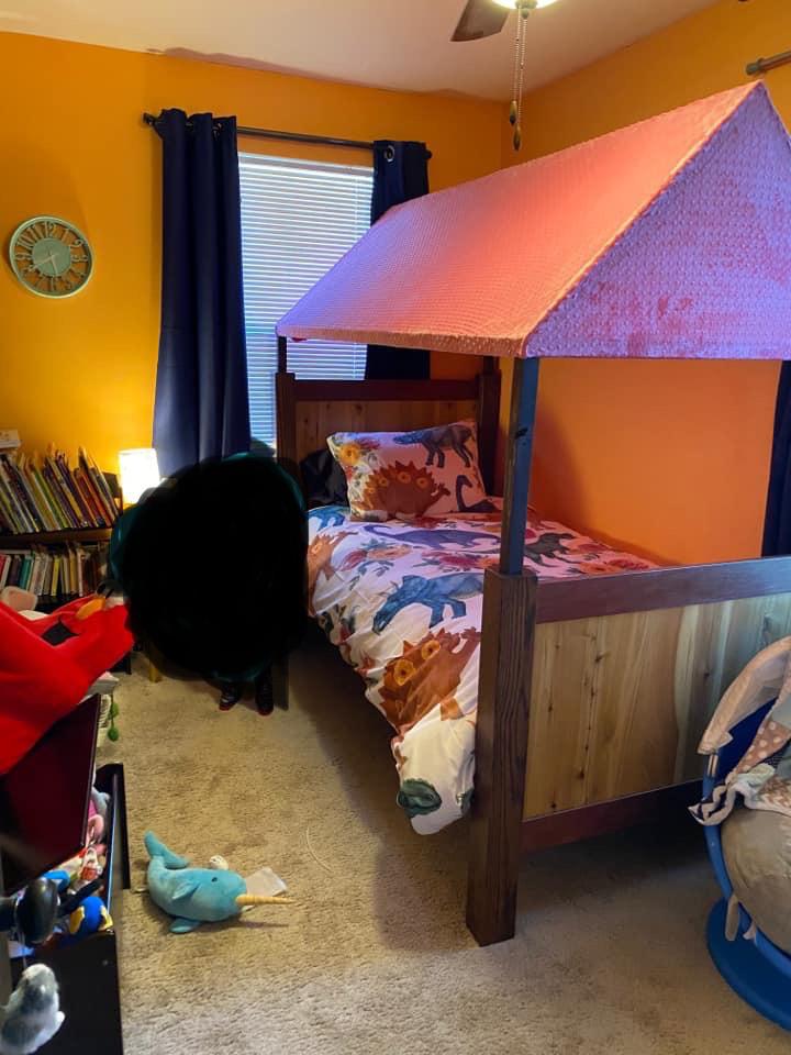 The bed I made for my daughter, up and in use. It’s a hit. r/woodworking