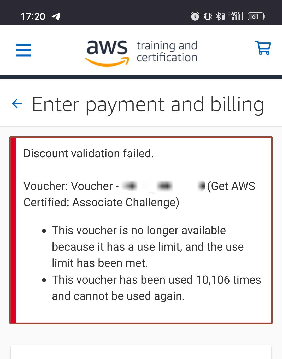 AWS Certified Associate Challenge 50 off coupon limit reached? r