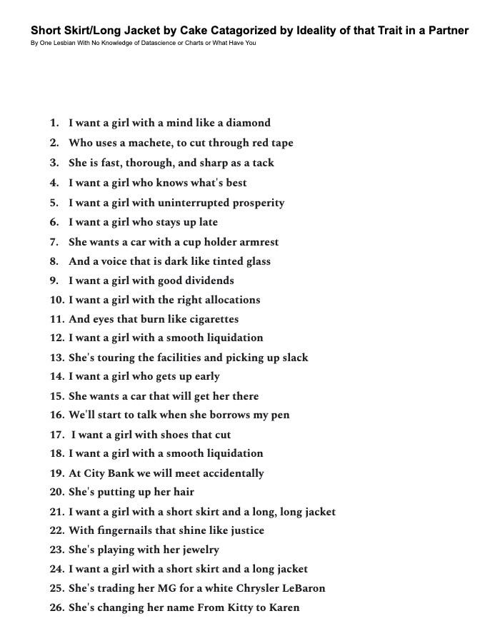 [OC] A chart of Cake’s Short Skirt/Long jacket, ranked by how ideal that trait would be in a