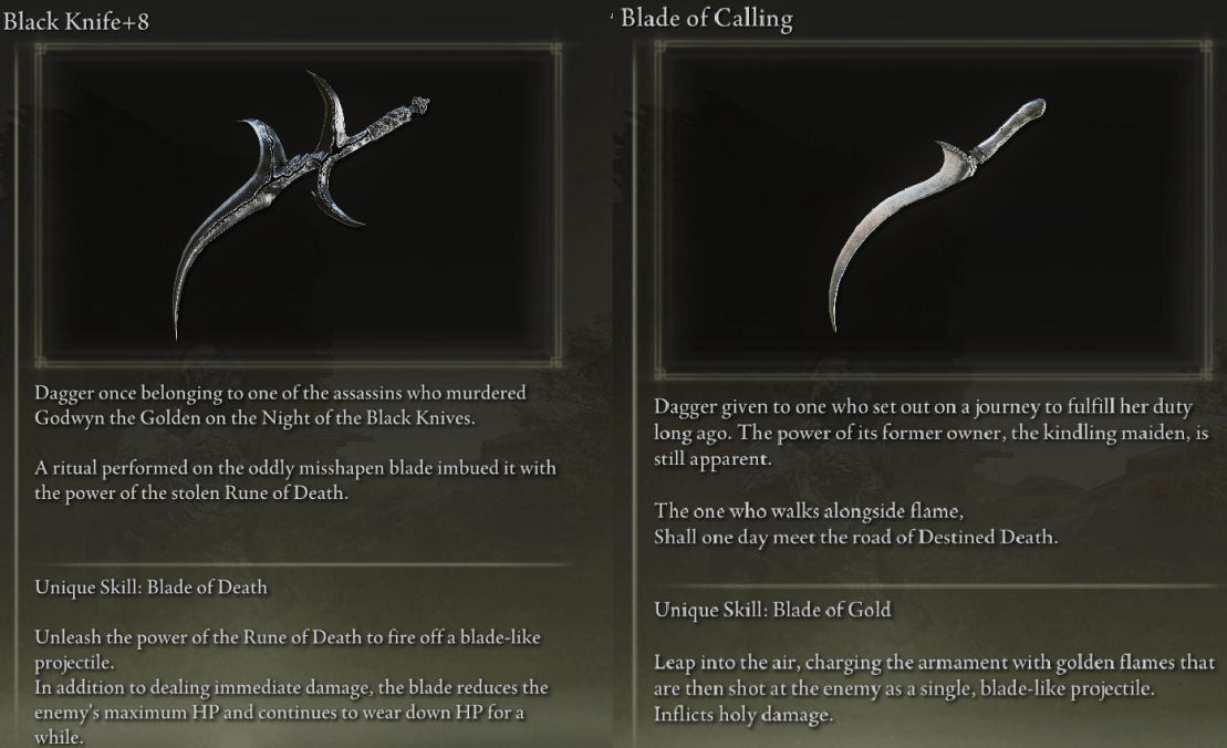 The Black knife and Blade of Calling(Melina's weapon) is the same, both