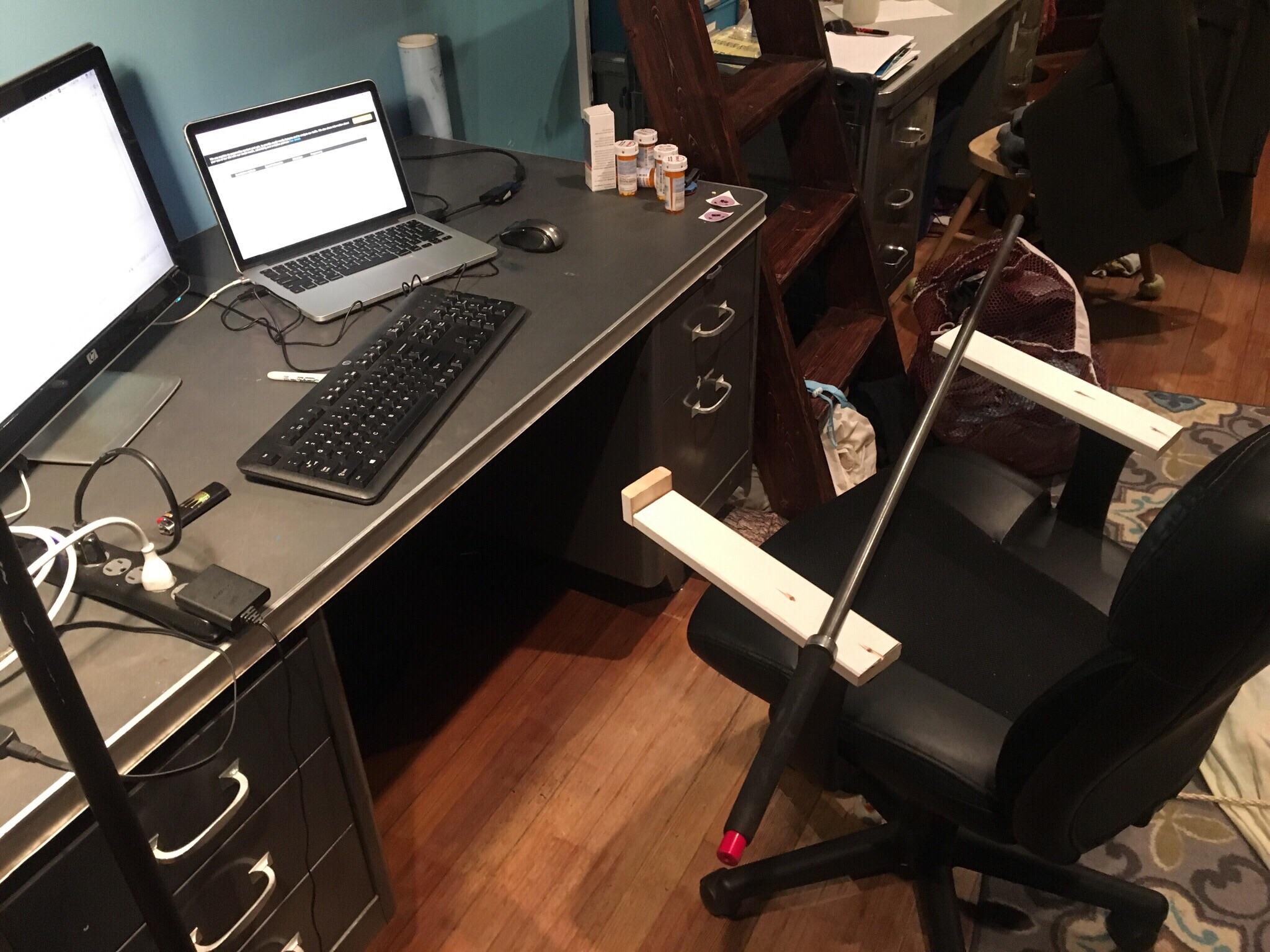 Replaced my desk chair's arms with rails to practice turning r