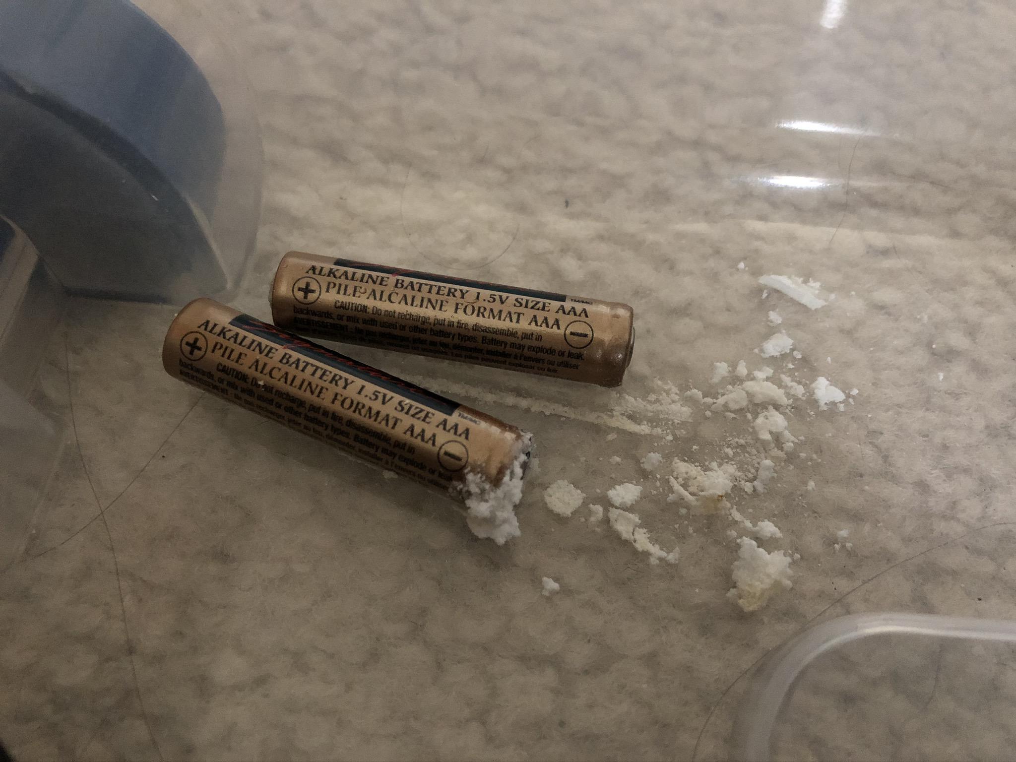 Alkaline batteries can leak even when not installed in a device. These