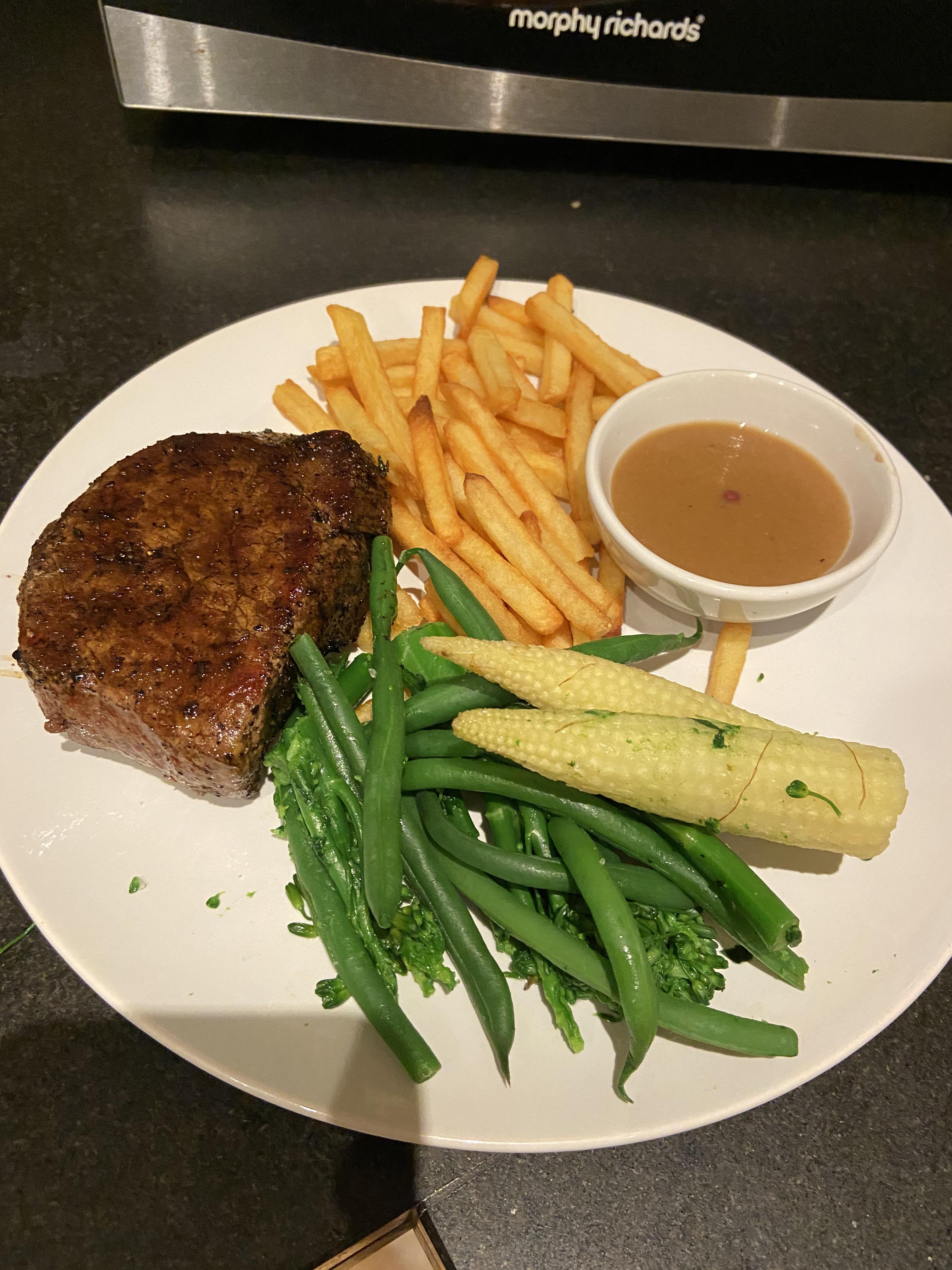 SW Steak, chips & peppercorn sauce. 3 syns for the chips & I cooked the