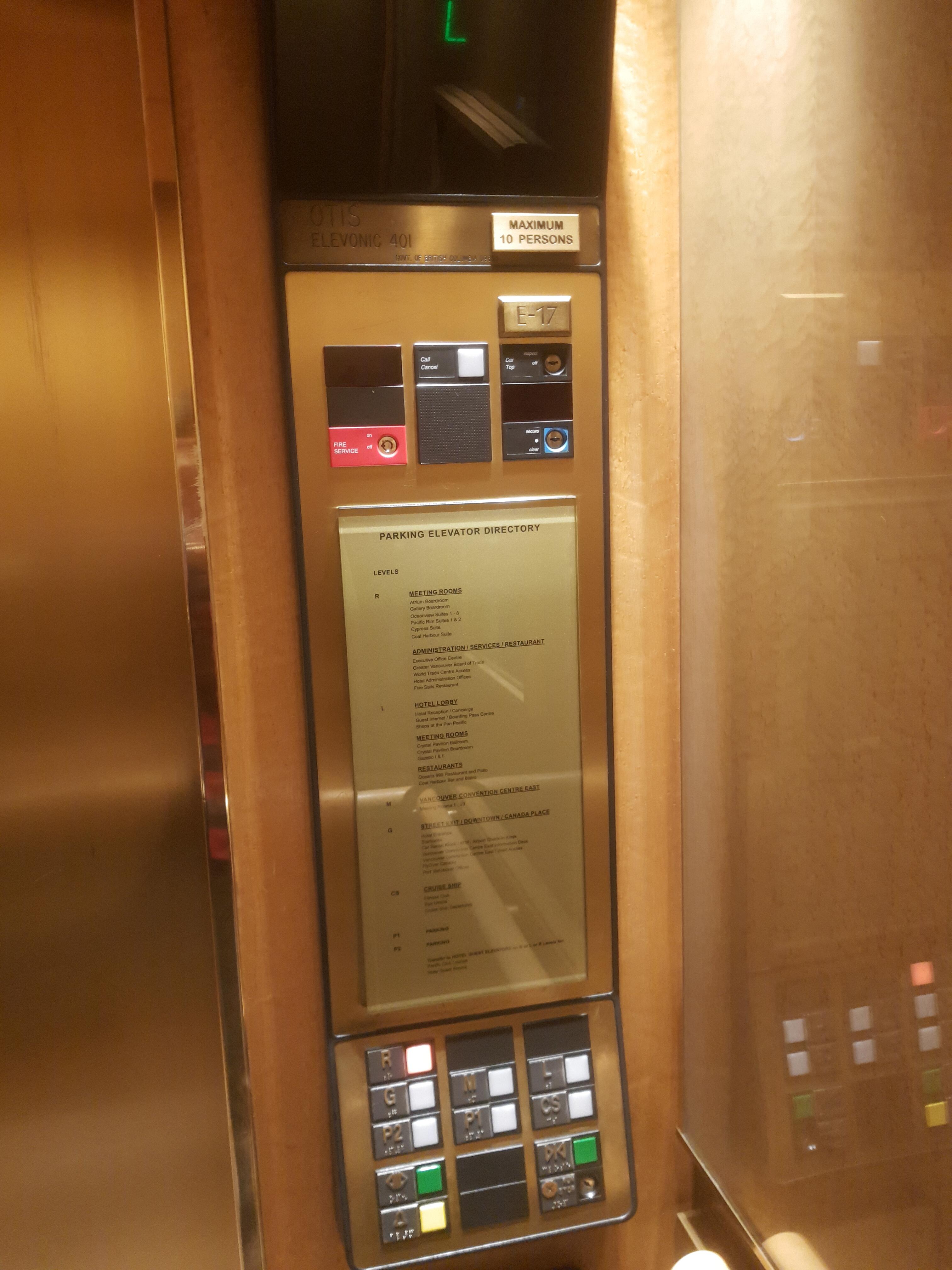Interior of the elevator at the Fairmont Pacific Rim in Vancouver