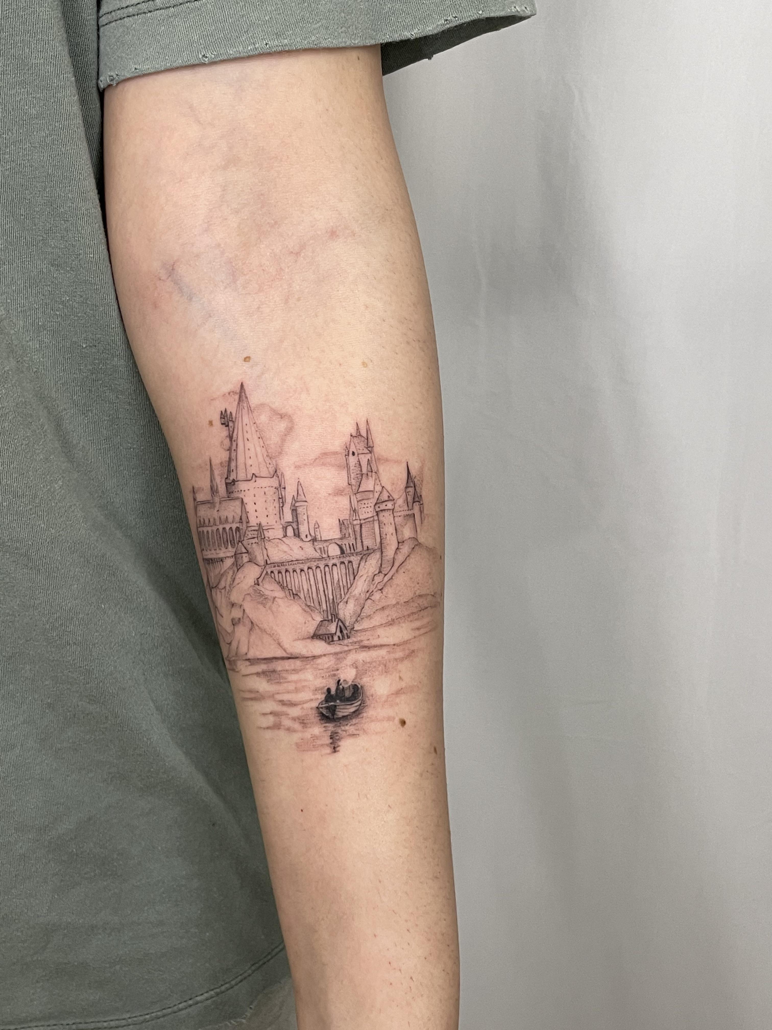 Hogwarts Castle, done by Nas at Vestige Tattoo in Brooklyn, NY r/tattoos