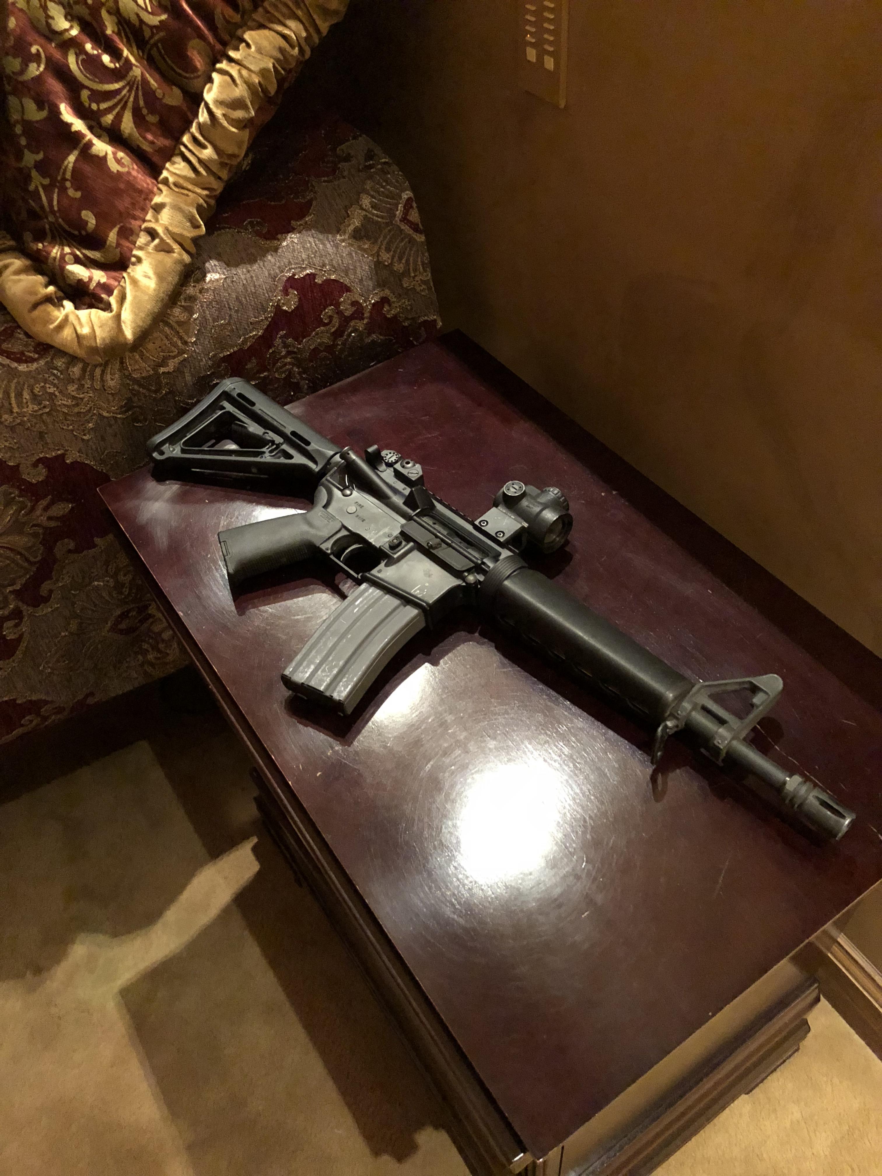 Factory Colt 6933 nightstand with mini triangle hand guards as my night stand gun r/guns
