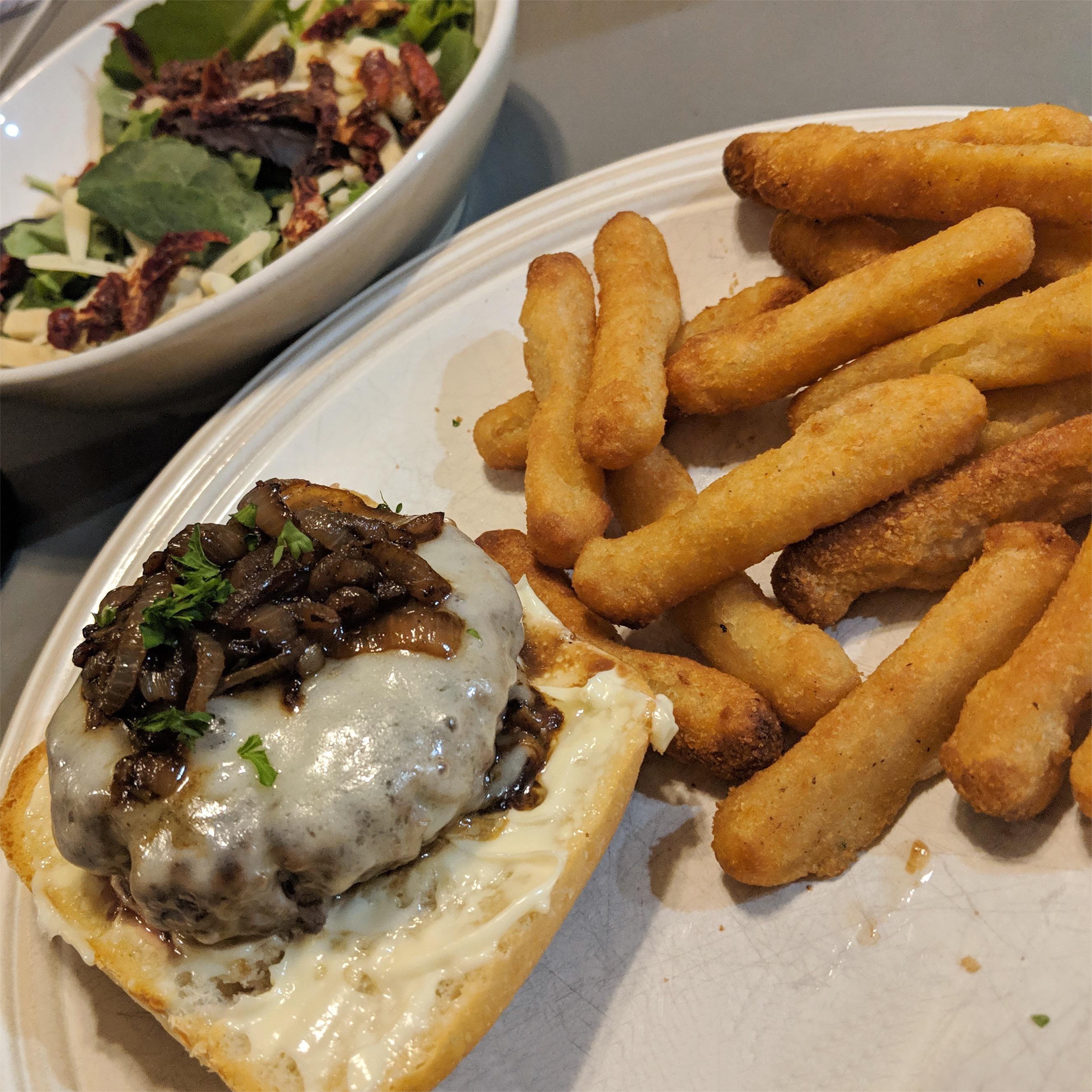 Openfaced French onion burger, 399 calories r/1200isplenty