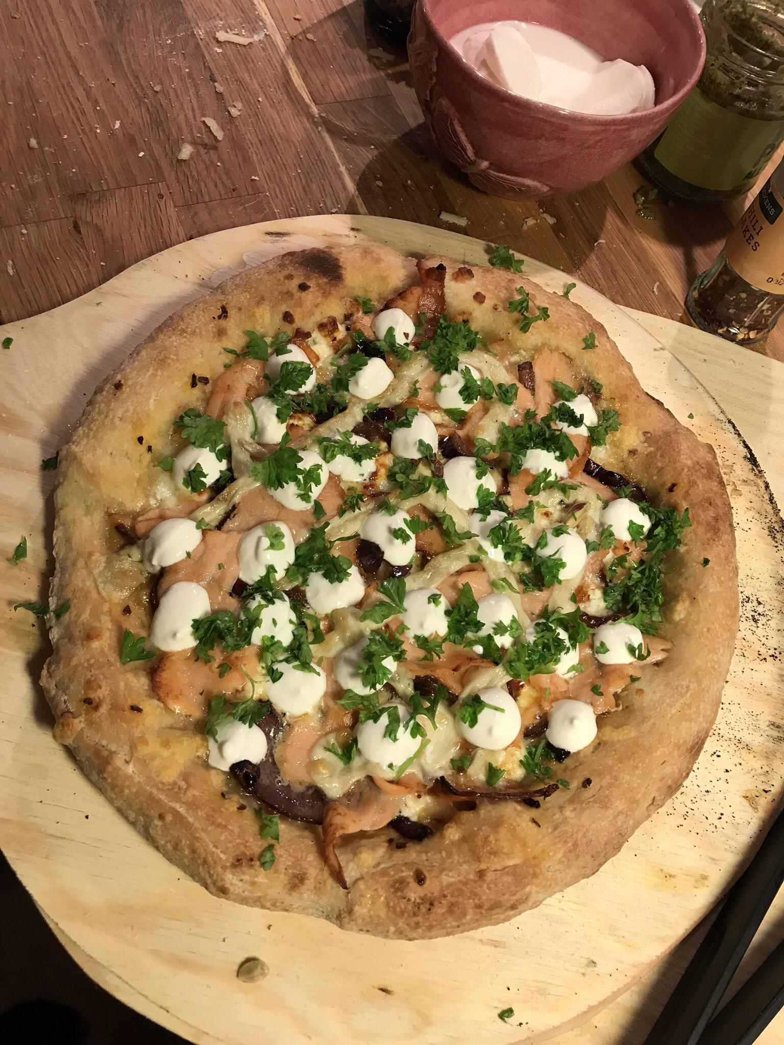 [I made] White pizza with Gravlax (Cured Salmon), Sour Cream, Red