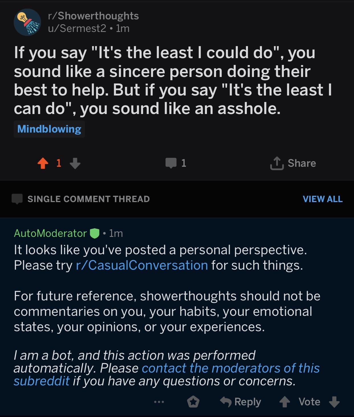 Automod of r/showerthoughts automatically deleting your post even