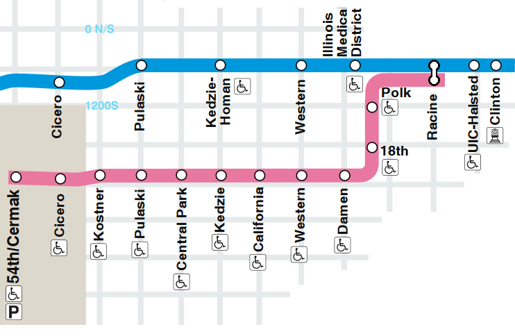 Pink Line Chicago Map Nighttime routing of the CTA Pink Line while rail service downtown is