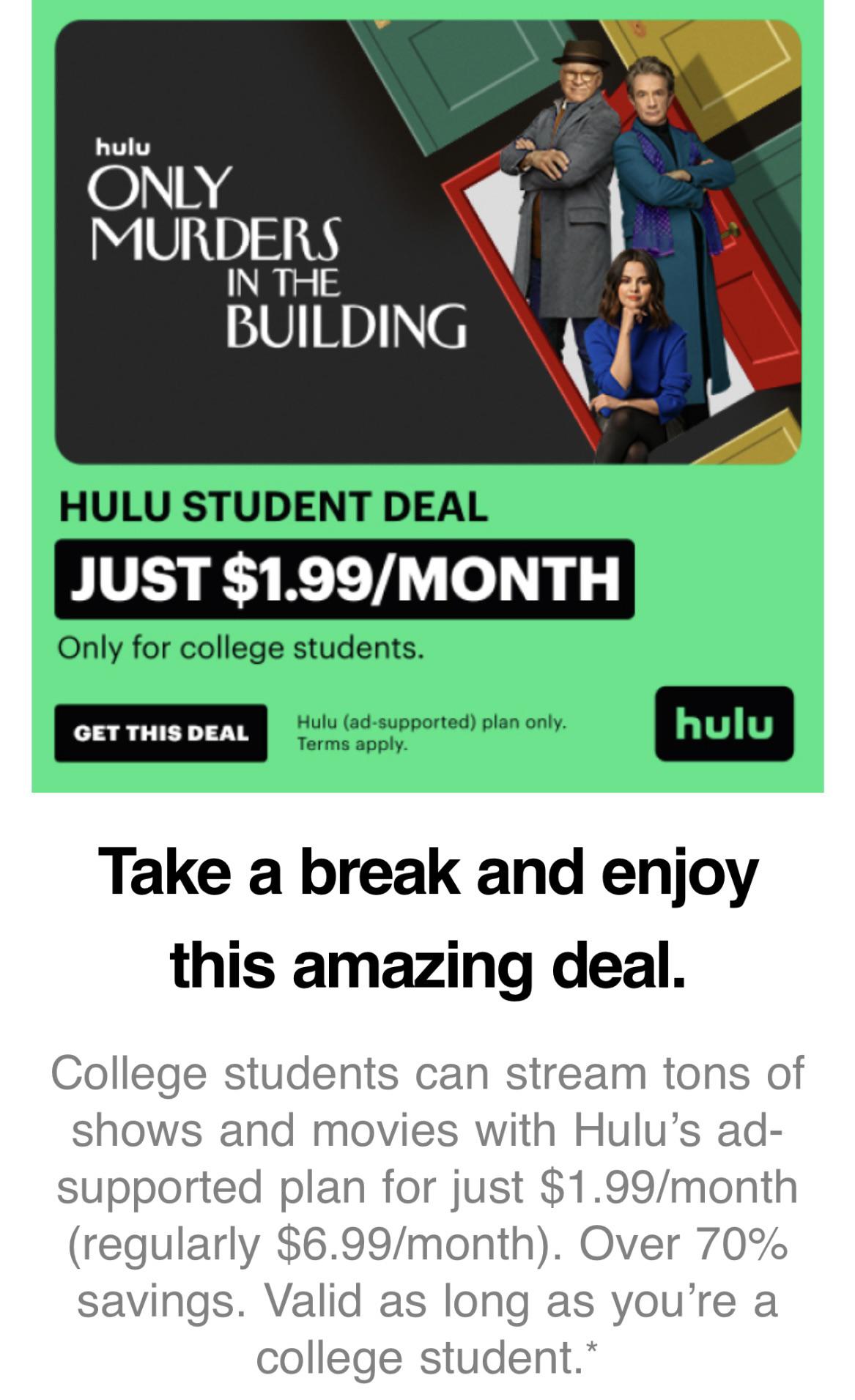 Student Discount 1.99/month r/Hulu