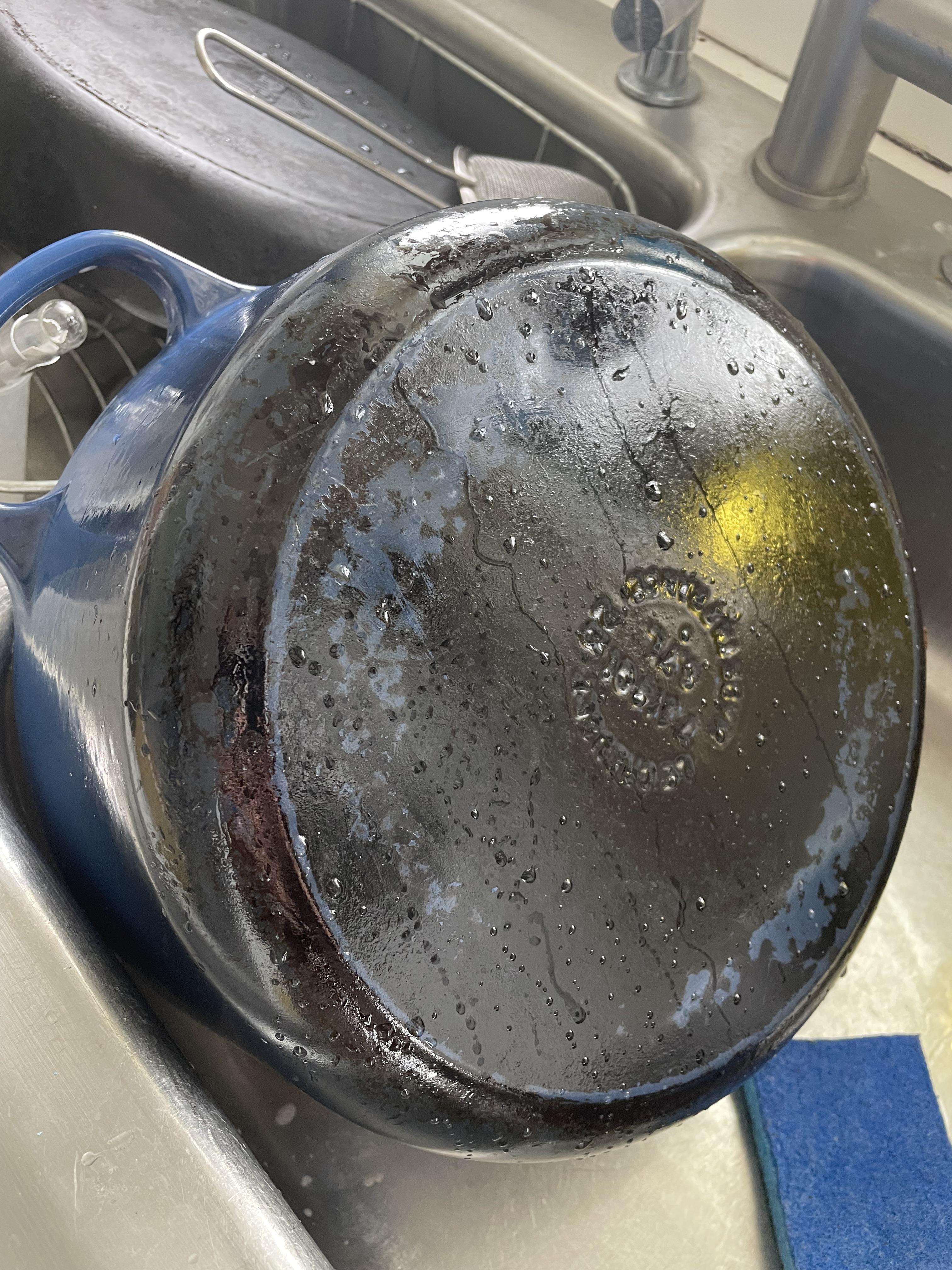 How to clean all the cooked on gunk off my beautiful le creuset. I fry