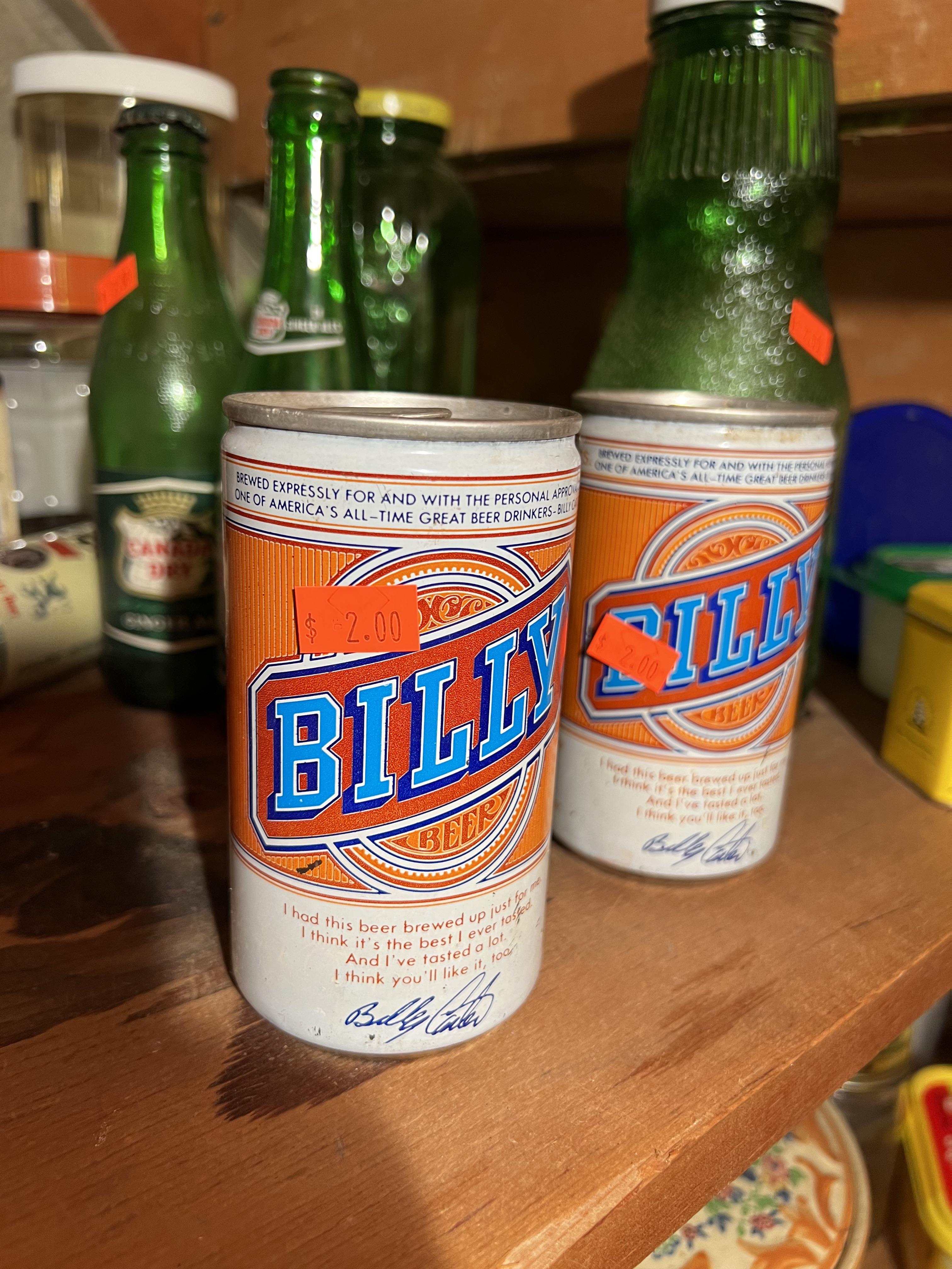 Two unopened cans of Billy Beer found at an estate sale. r
