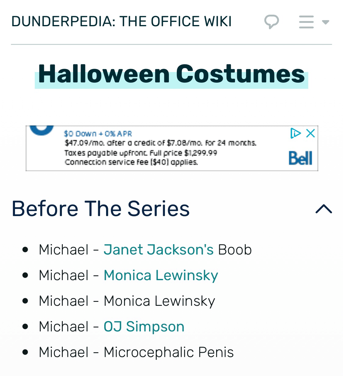 What episode does Michael mention he dressed up as a “Microcephalic