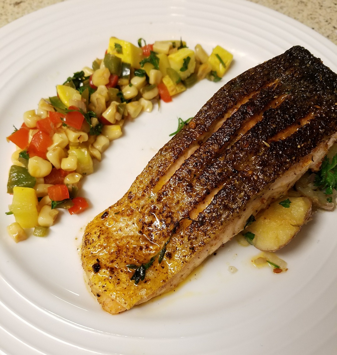 [Homemade] Cajun blackened steelhead trout on rosemary/shallot smashed