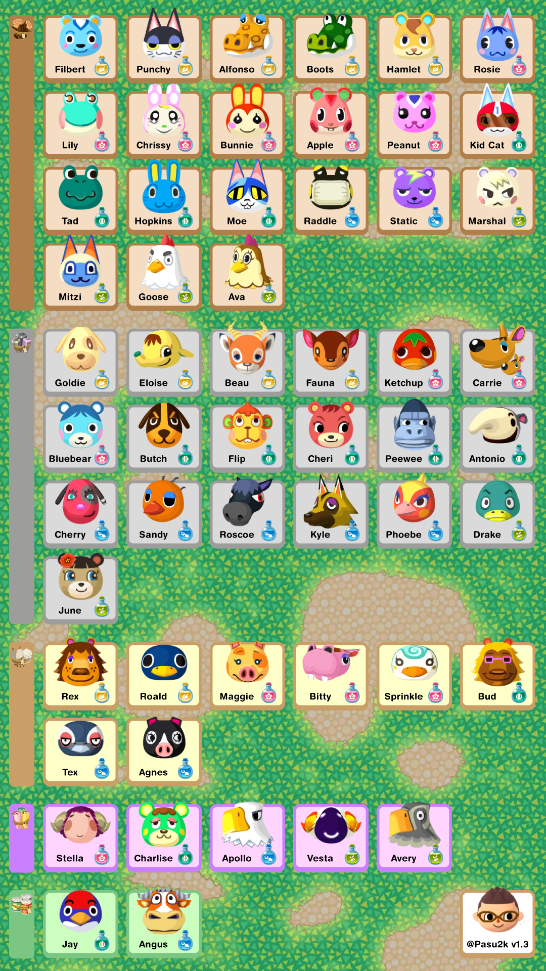 Animal Crossing Pocket Camp phone sized reference sheet updated with