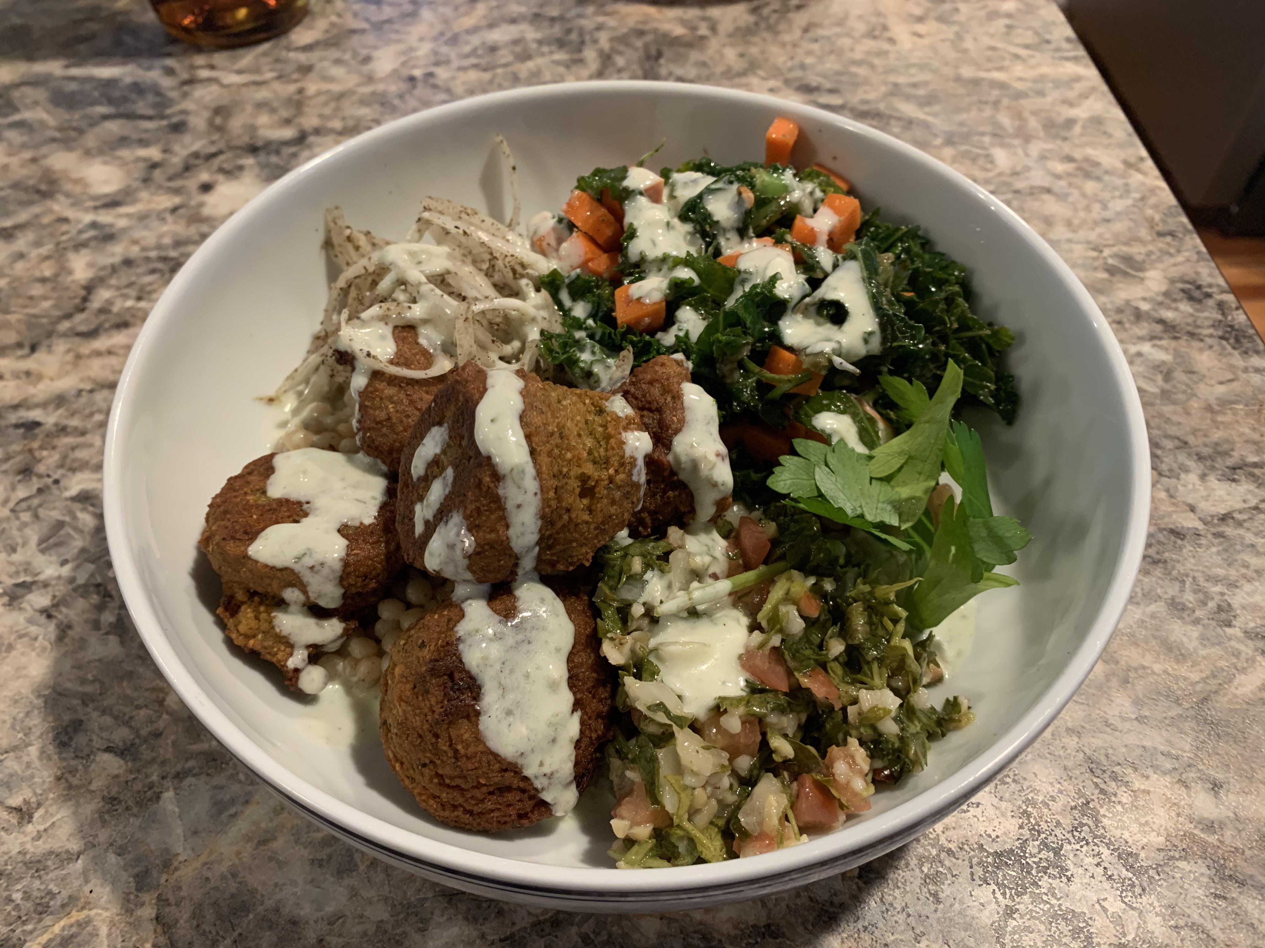 Yummy Falafel Bowl made with falafels from the mix, Israeli couscous