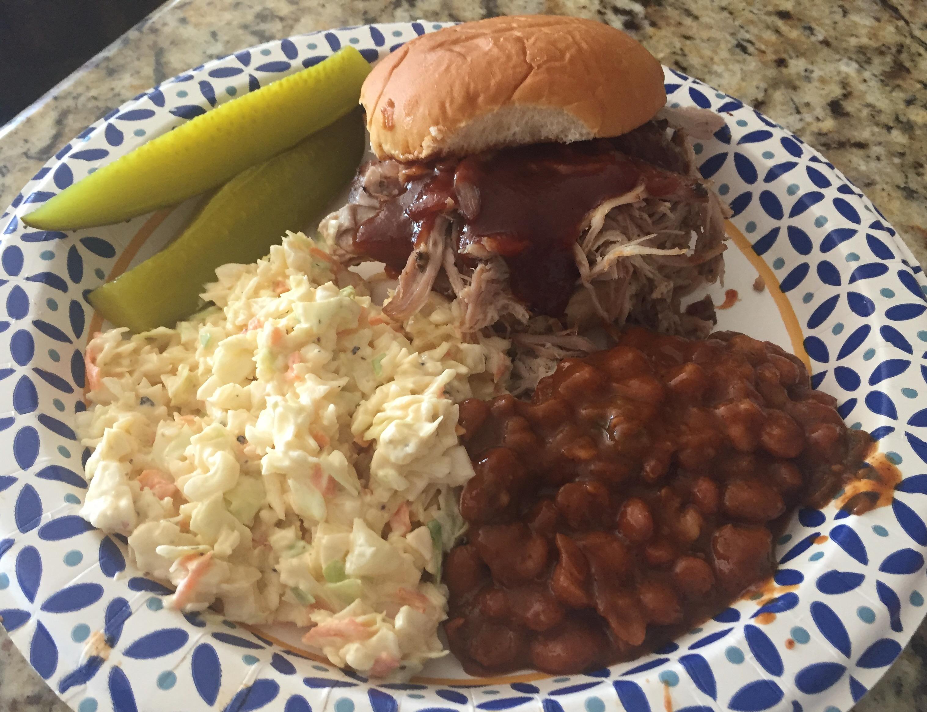 [Homemade] Pulled pork sandwich on a sweet bun with baked beans and