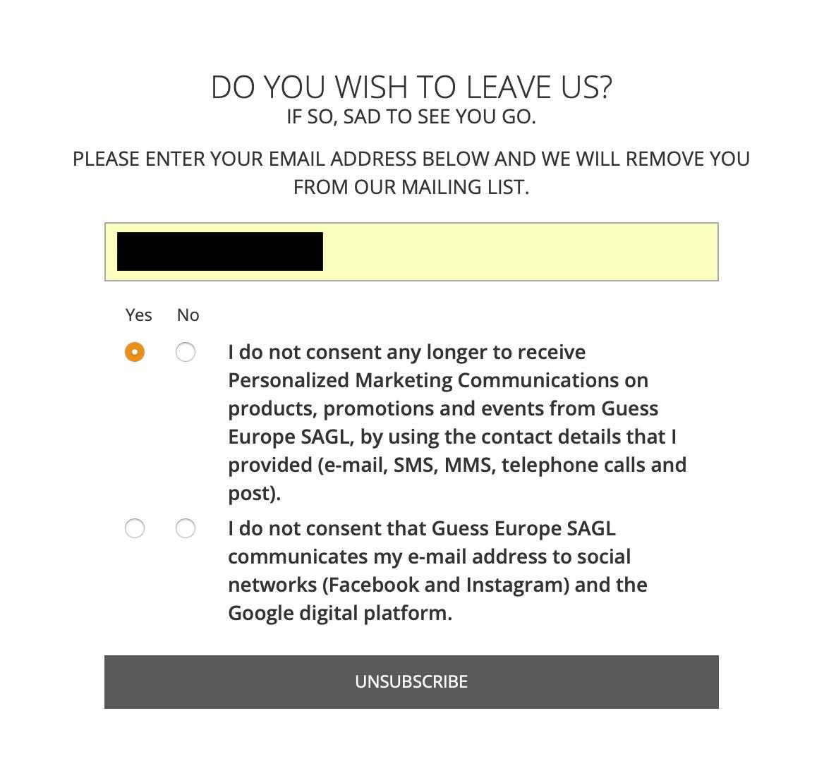 Trying to unsubscribe from emails. No/yes I do not consent. assholedesign
