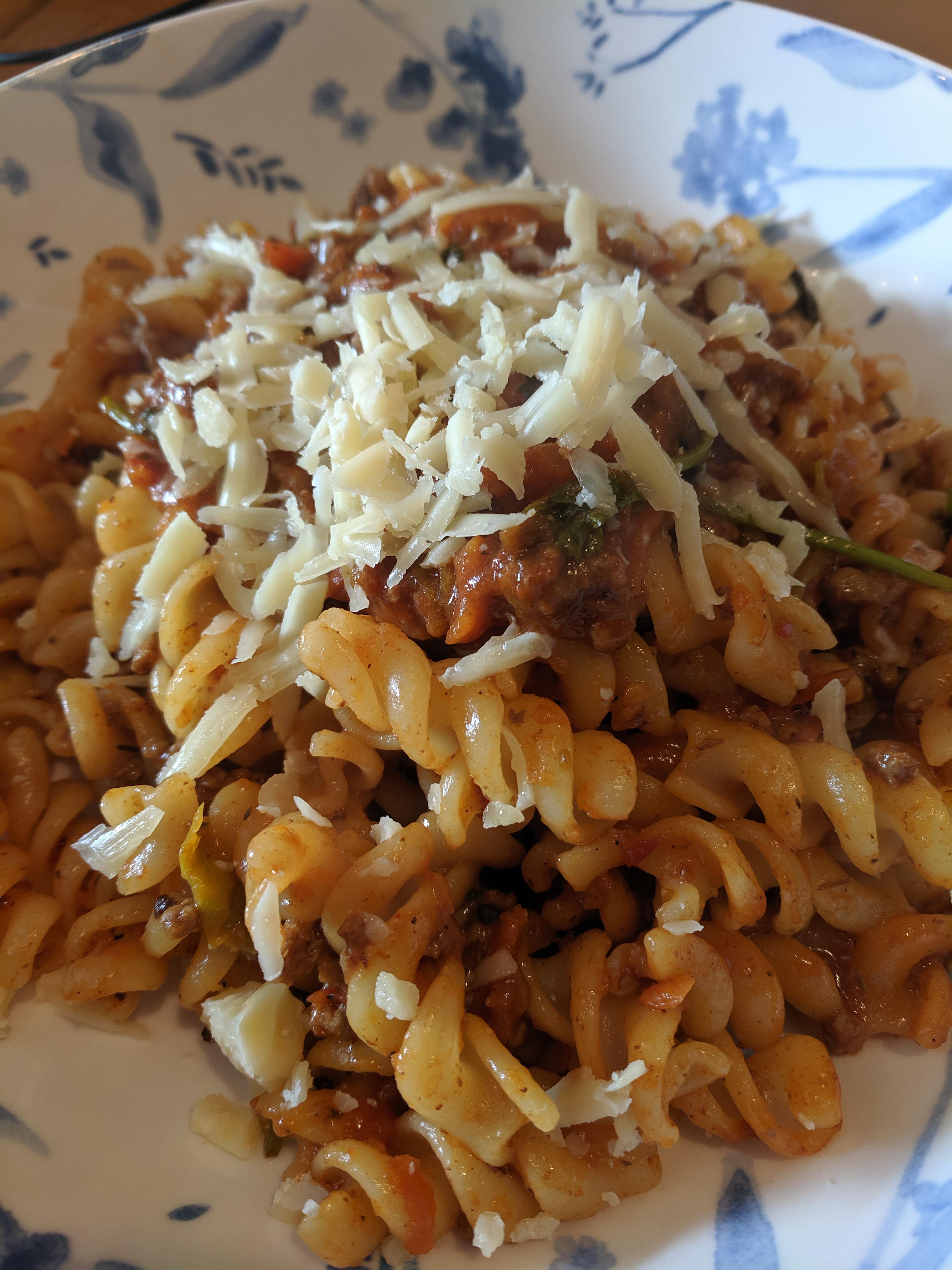 Beef Bolognese on fusilli pasta, the hubby & son loved it. r