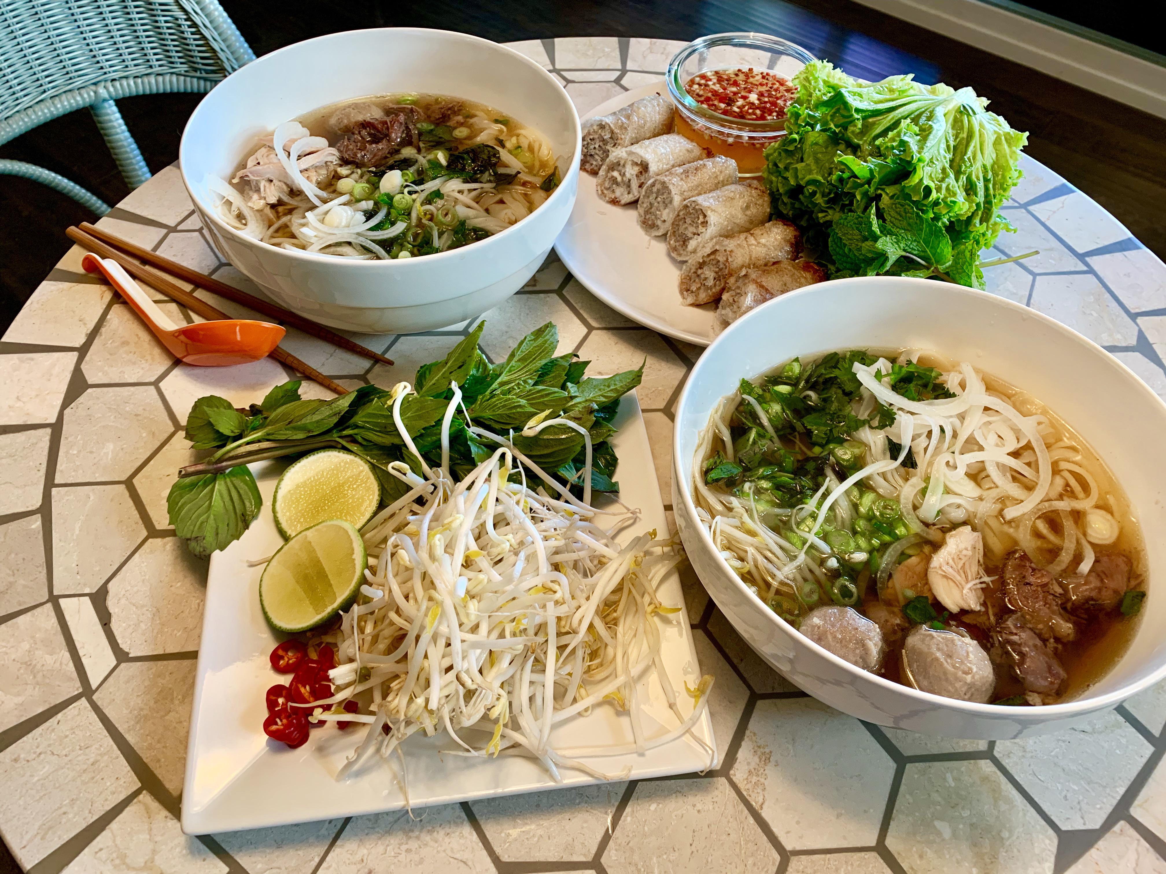 SomeBabble [homemade] beef pho with crispy fried rolls