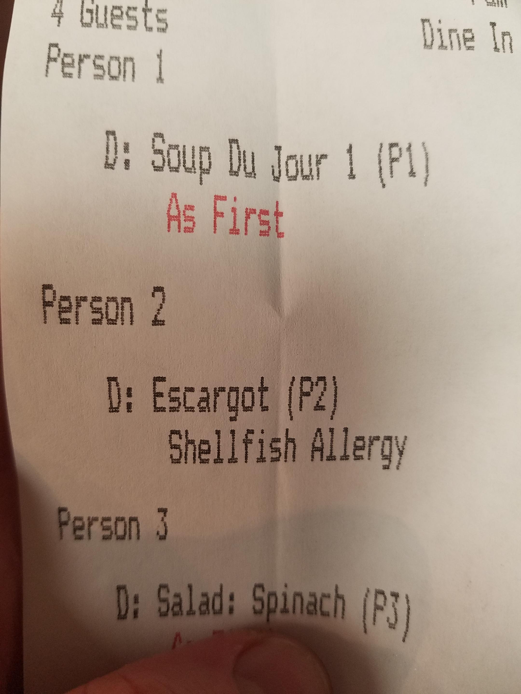 Shellfish allergy; orders snails. r/KitchenConfidential