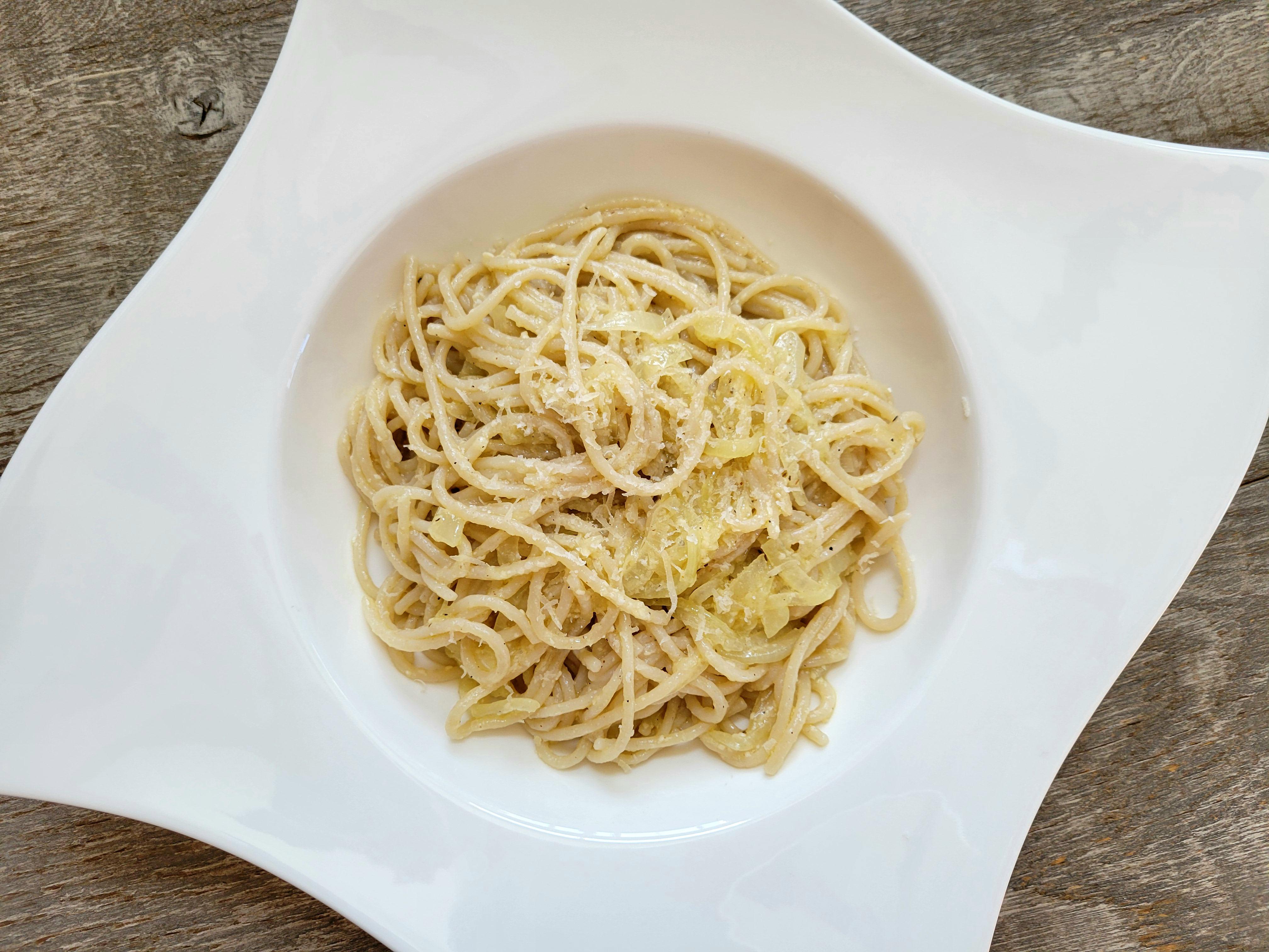 I made a gf pasta olio e limone! Brown rice pasta, onions, olive oil