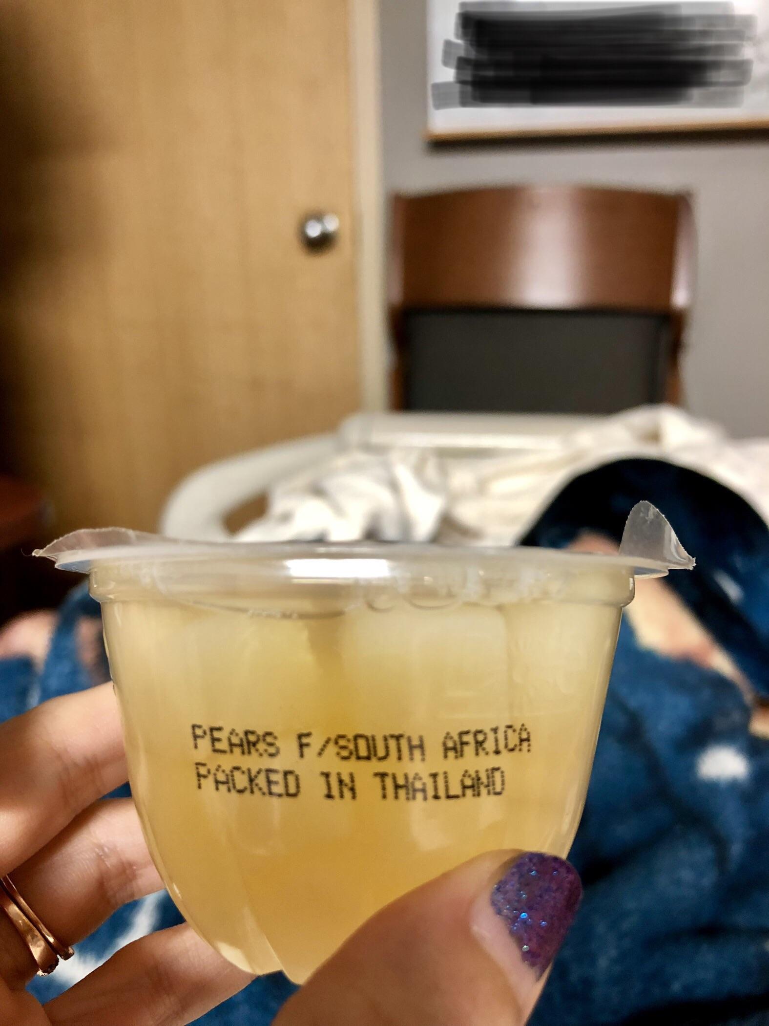 My pears were grown in South Africa, packed in Thailand, & finally