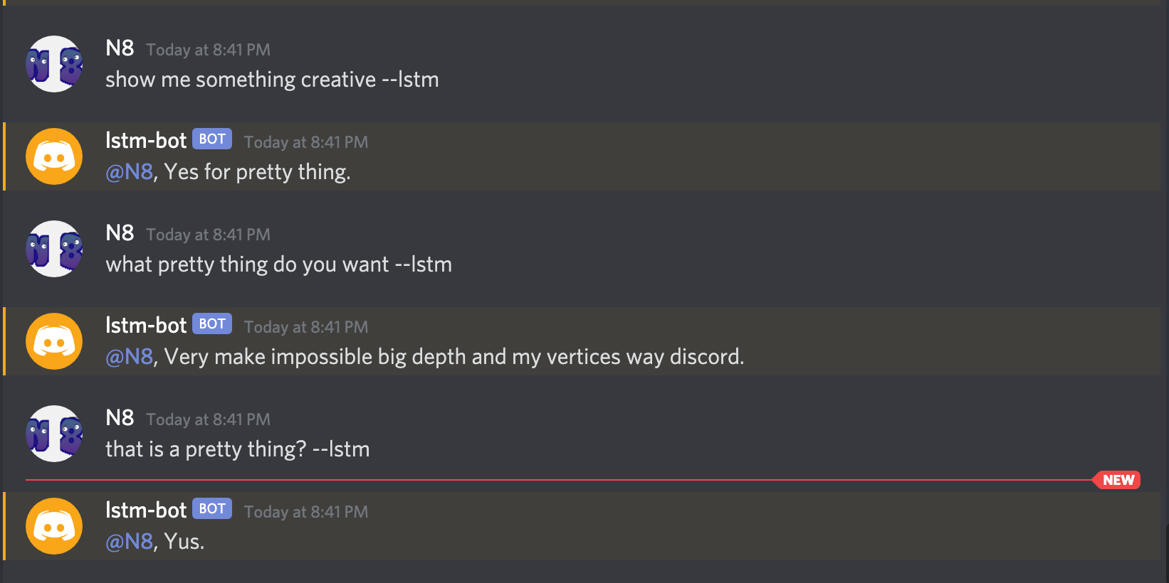 A conversation I had with a machine learning discord bot I have been