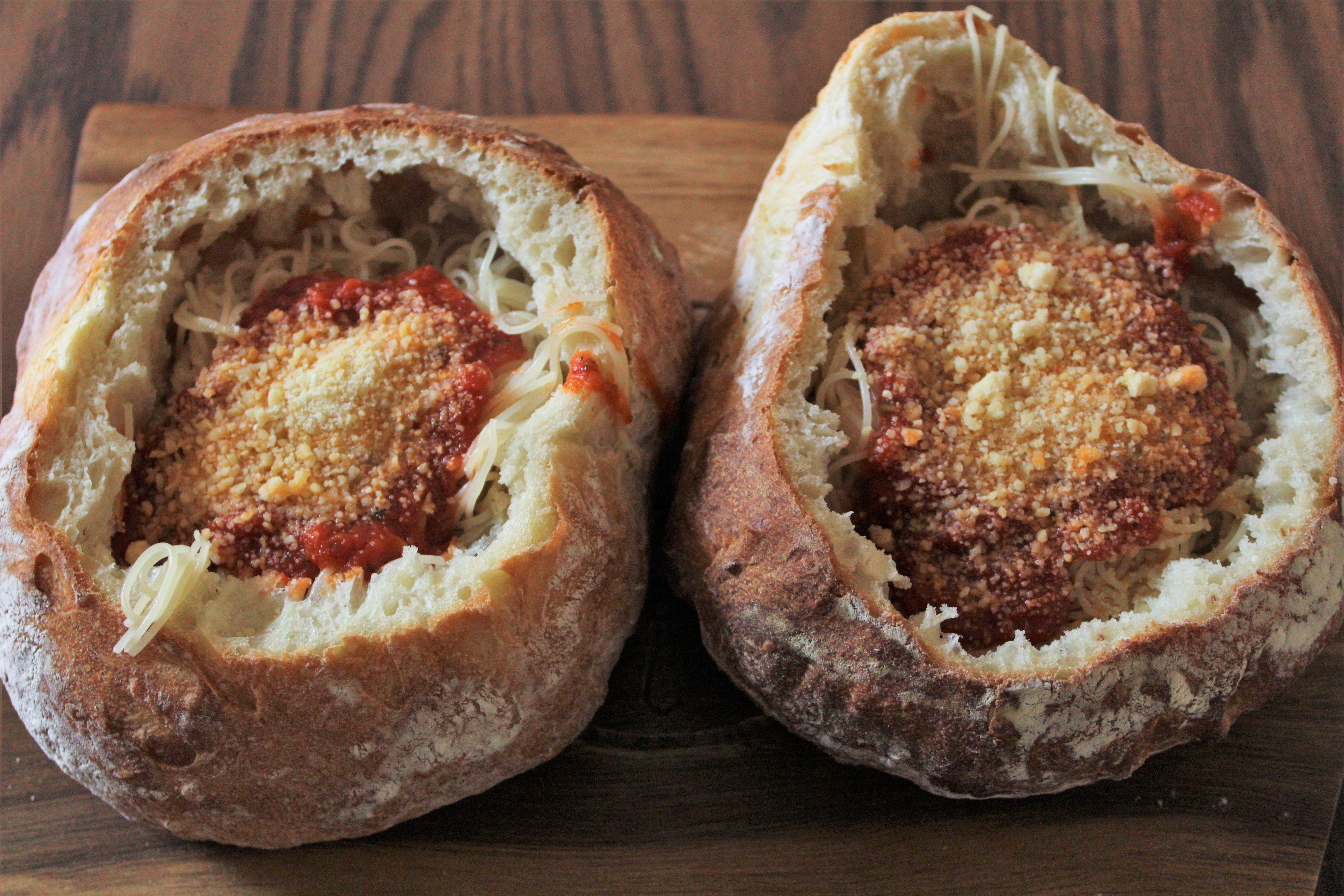 Bread bowls with spaghetti r/Breadit