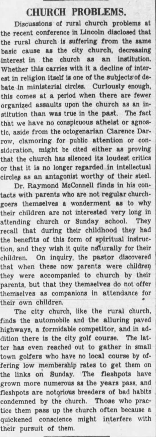 Rural Church Problems, The Nebraska State Journal, June 27th, 1937 r