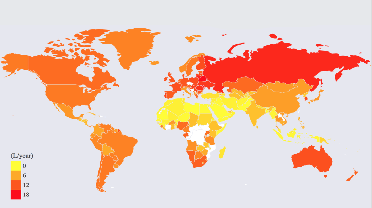 Alcohol consumption in each country. Liters of pure alcohol per year