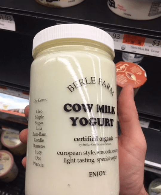 This yogurt provides a list of all the cows whose milk was used to make