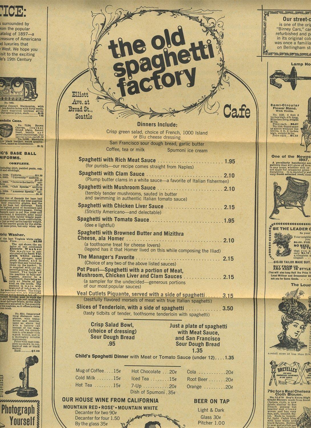 An old menu from The Old Spaghetti Factory in Seattle Washington. r