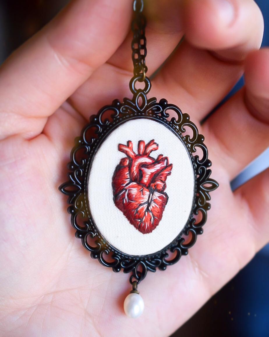 Embroidered anatomical heart necklace r/crafts