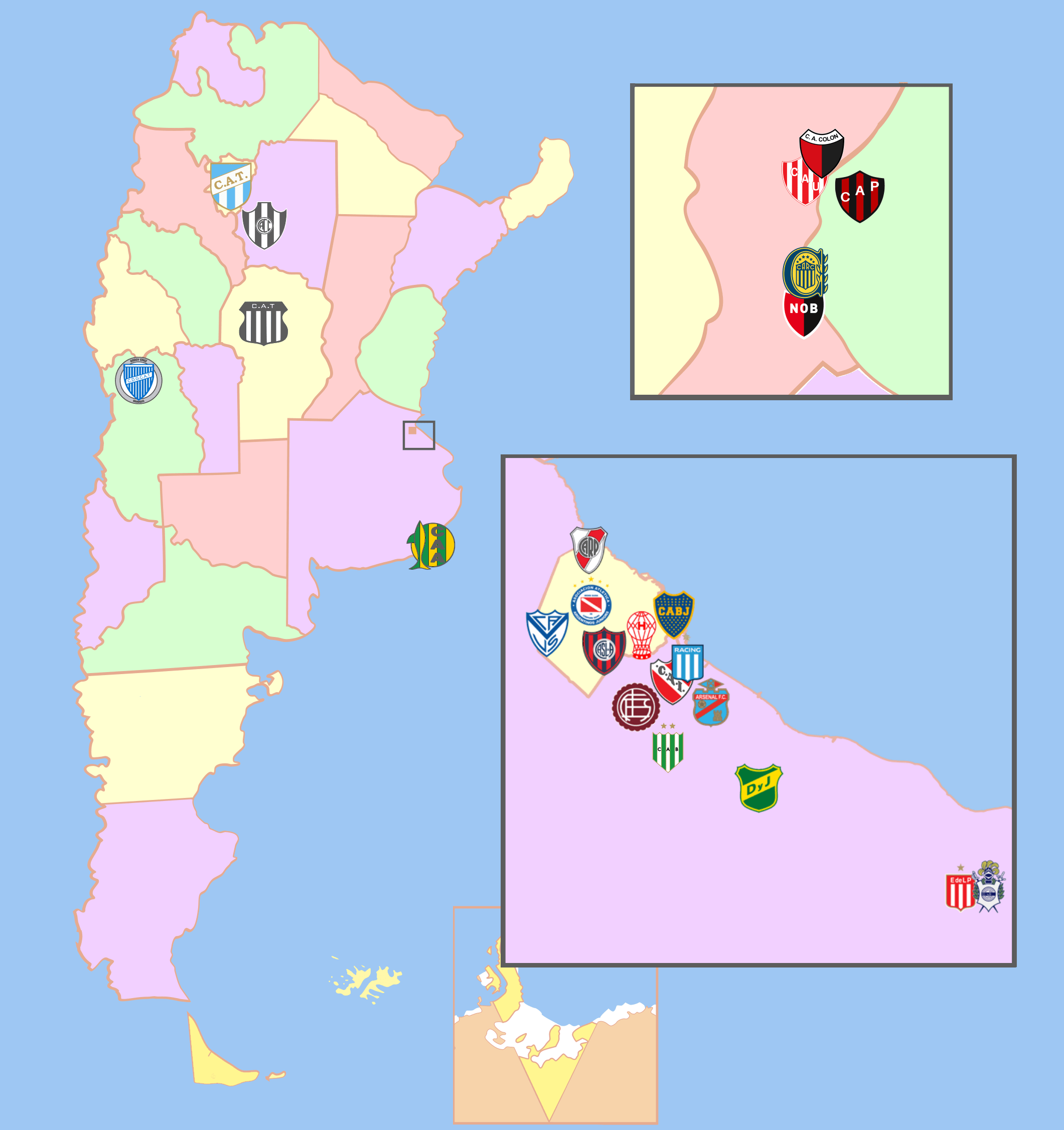 Map with all the teams from the Argentine Football Primera División
