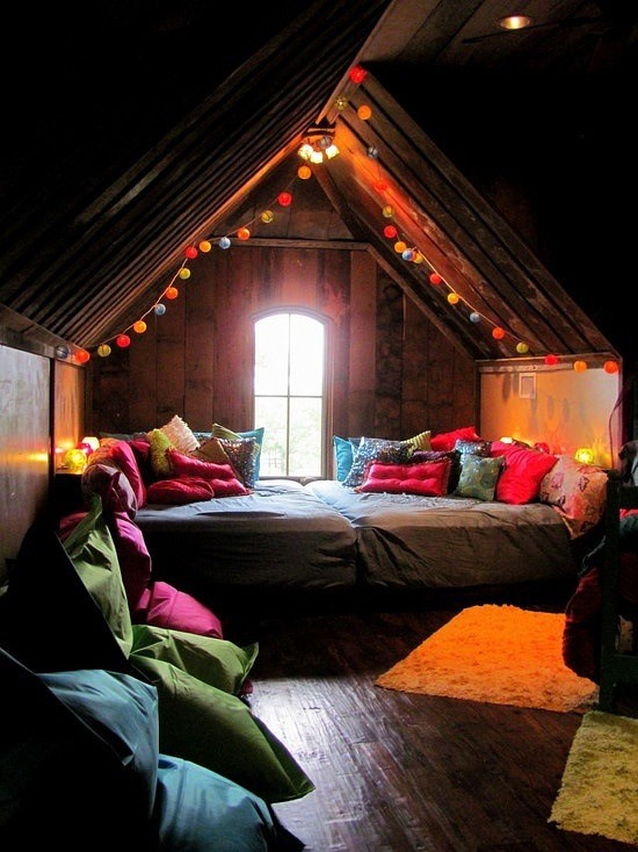 Christmas Lights On Bed Frame Cozy bed with hanging lantern string lights. CozyPlaces