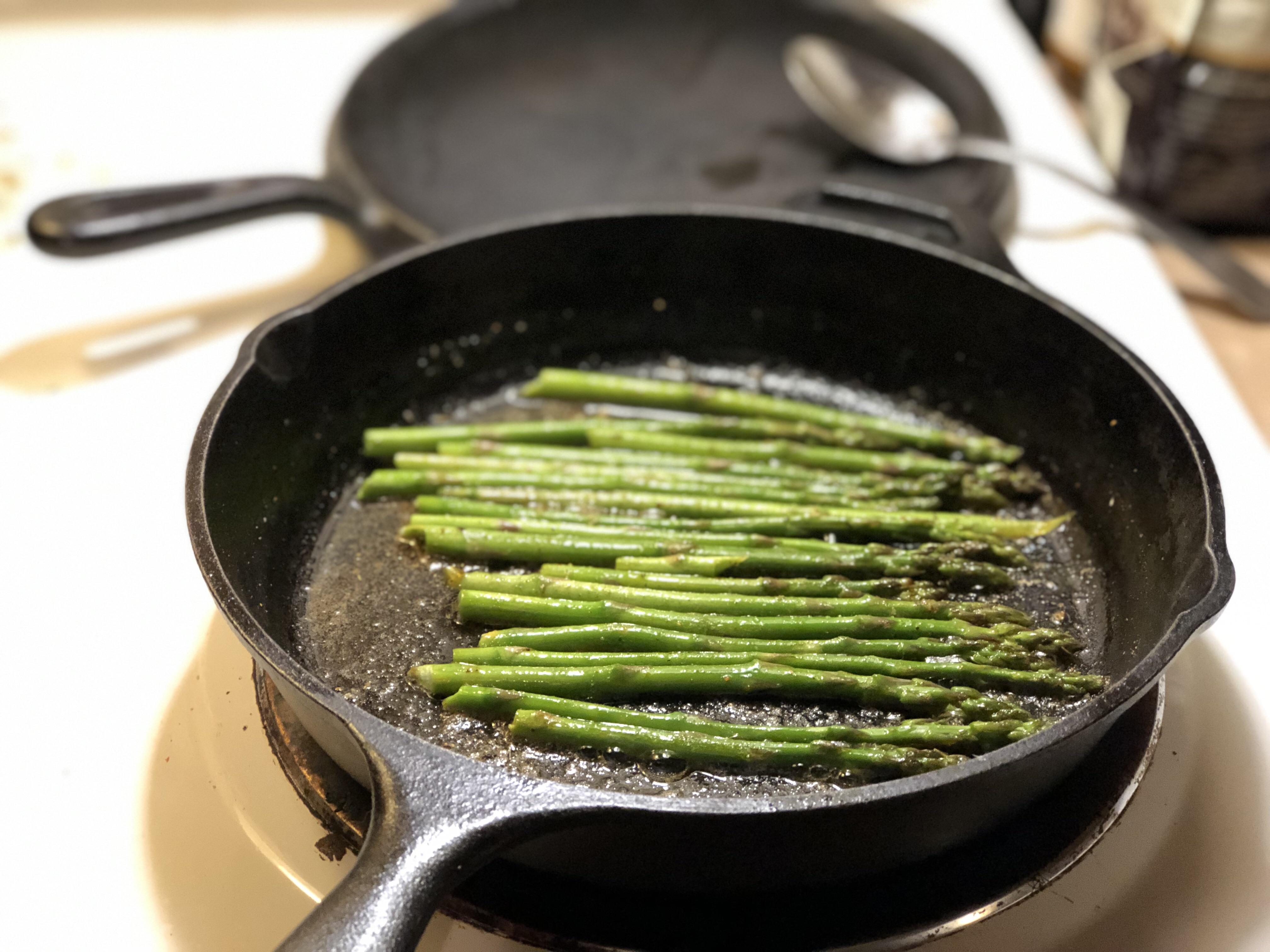 Asparagus sautéed in bacon fat. castiron